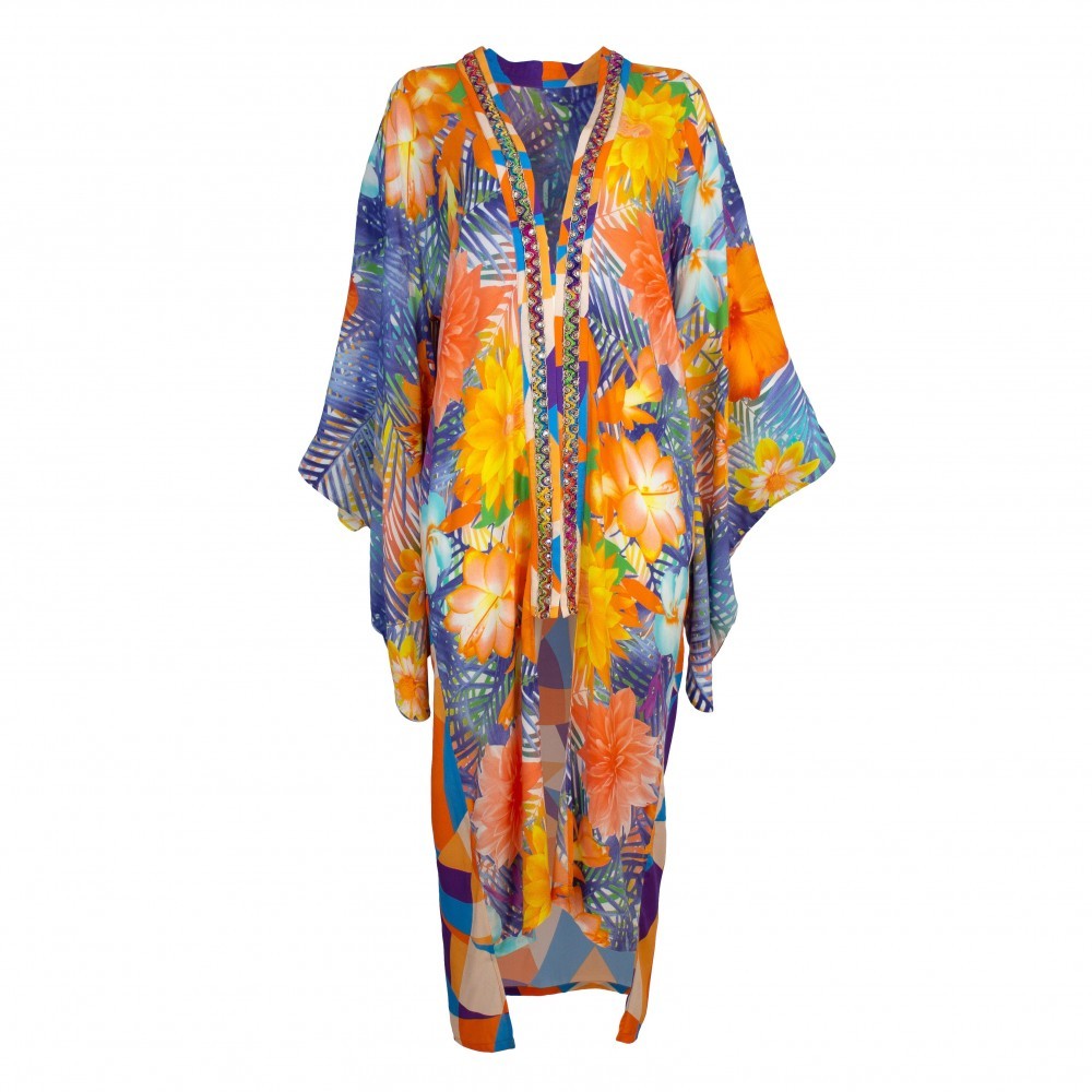 Viscose Kimono with Embroidery & Fringe Details