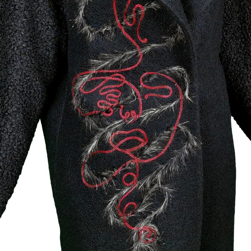 Black Felt Coat with Embroidery Details and Raglan Sleeves