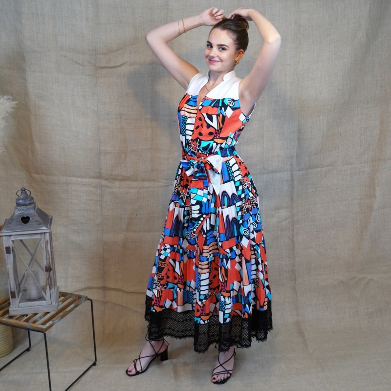 Long Sleeveless Voile Dress with Black Embroidery Detail