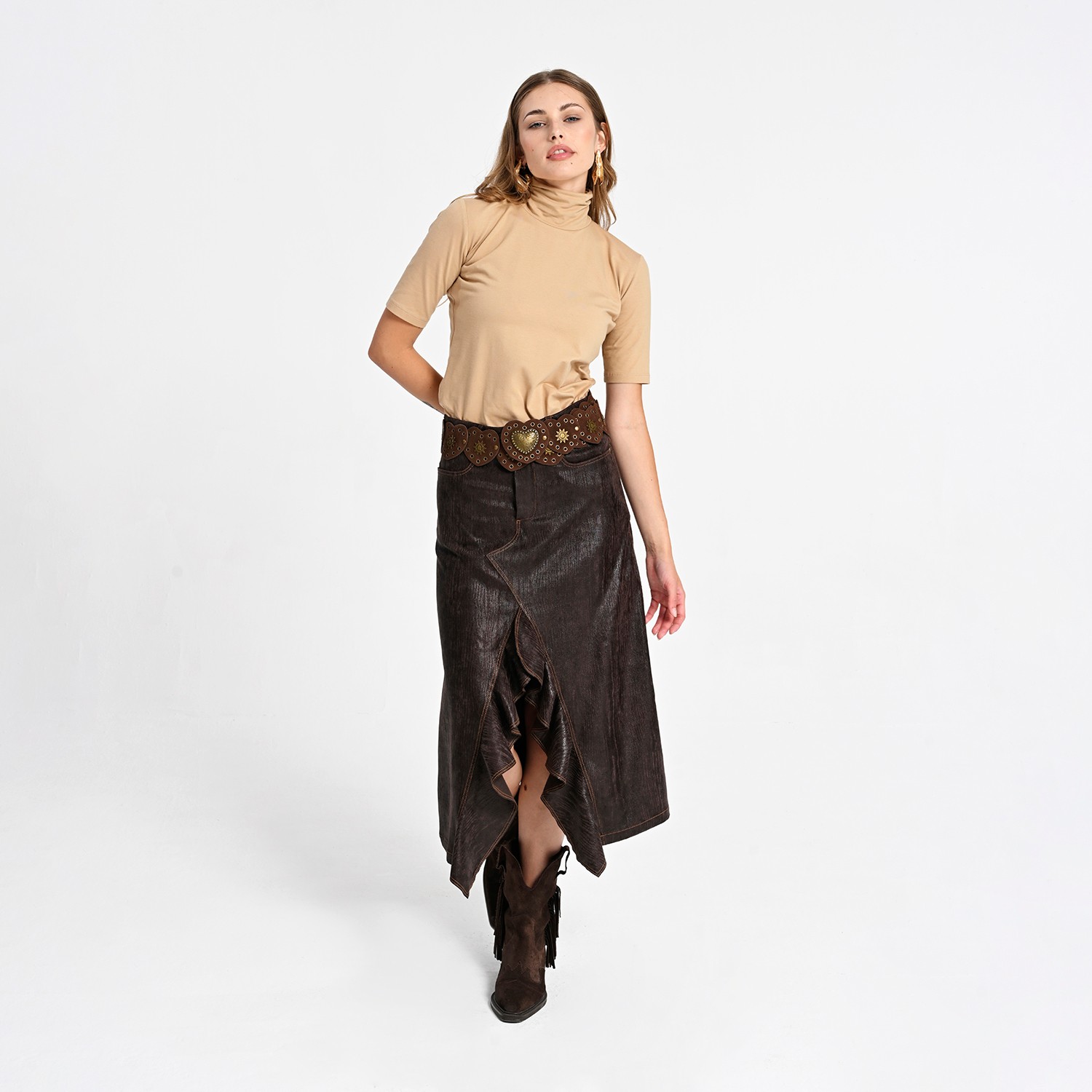 Ruffled Front Vegan Leather Midi Skirt