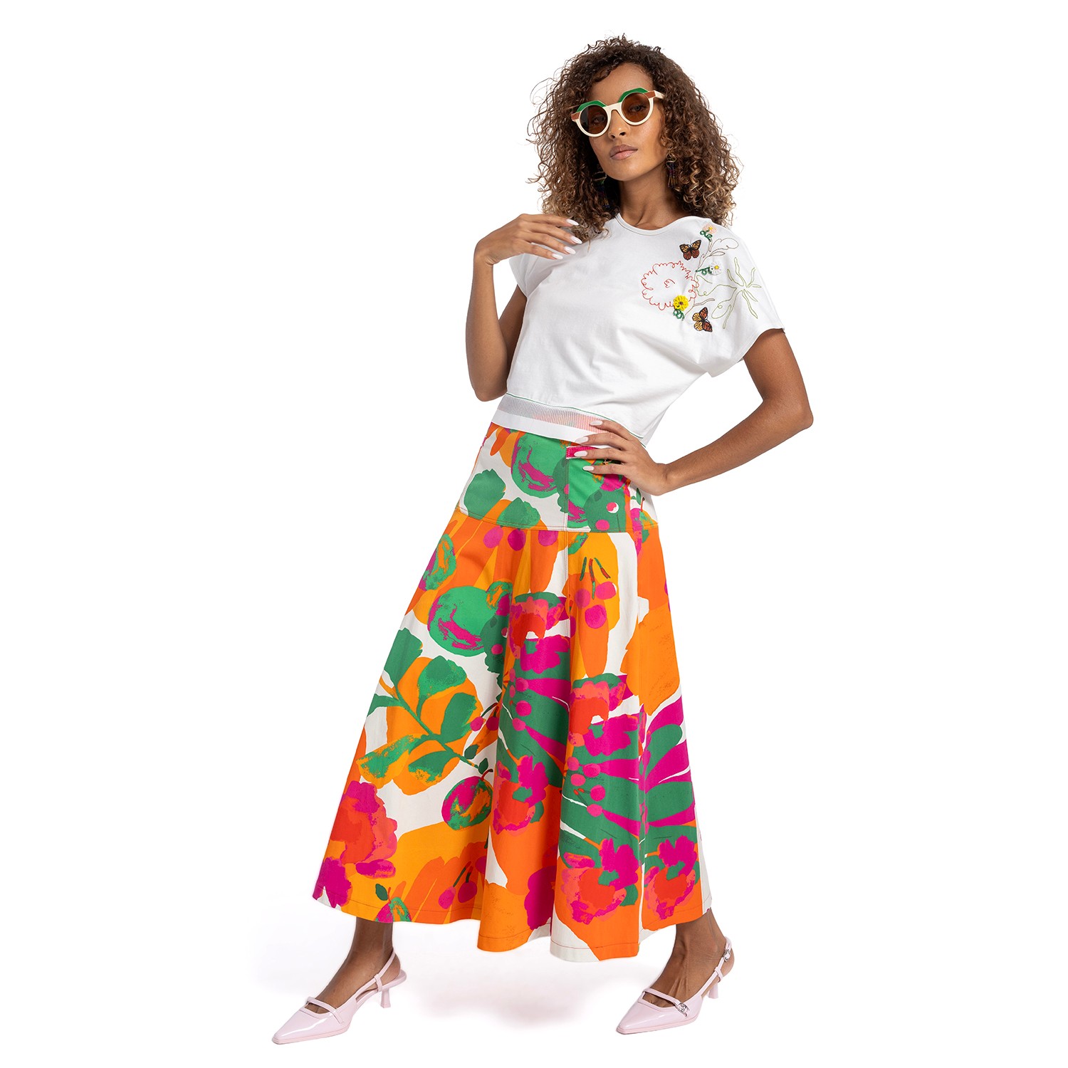 Embroidered Cropped Cotton T-Shirt With Hem Detailing