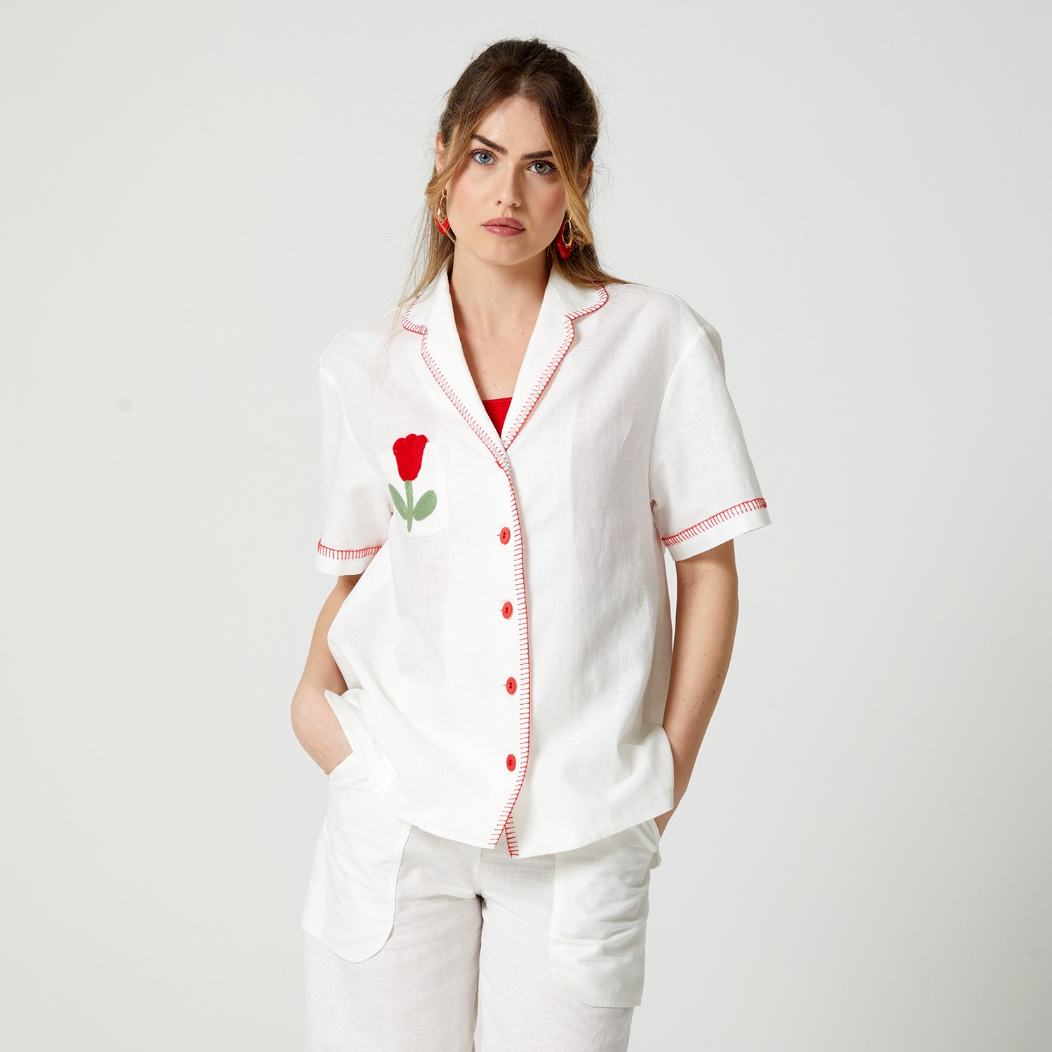 Unique White Linen Shirt And Red Crop Top Set
