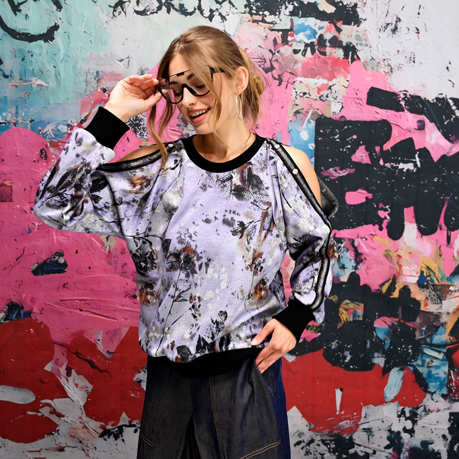 Floral Print Sweatshirt With Snap-Button Shoulder Detail
