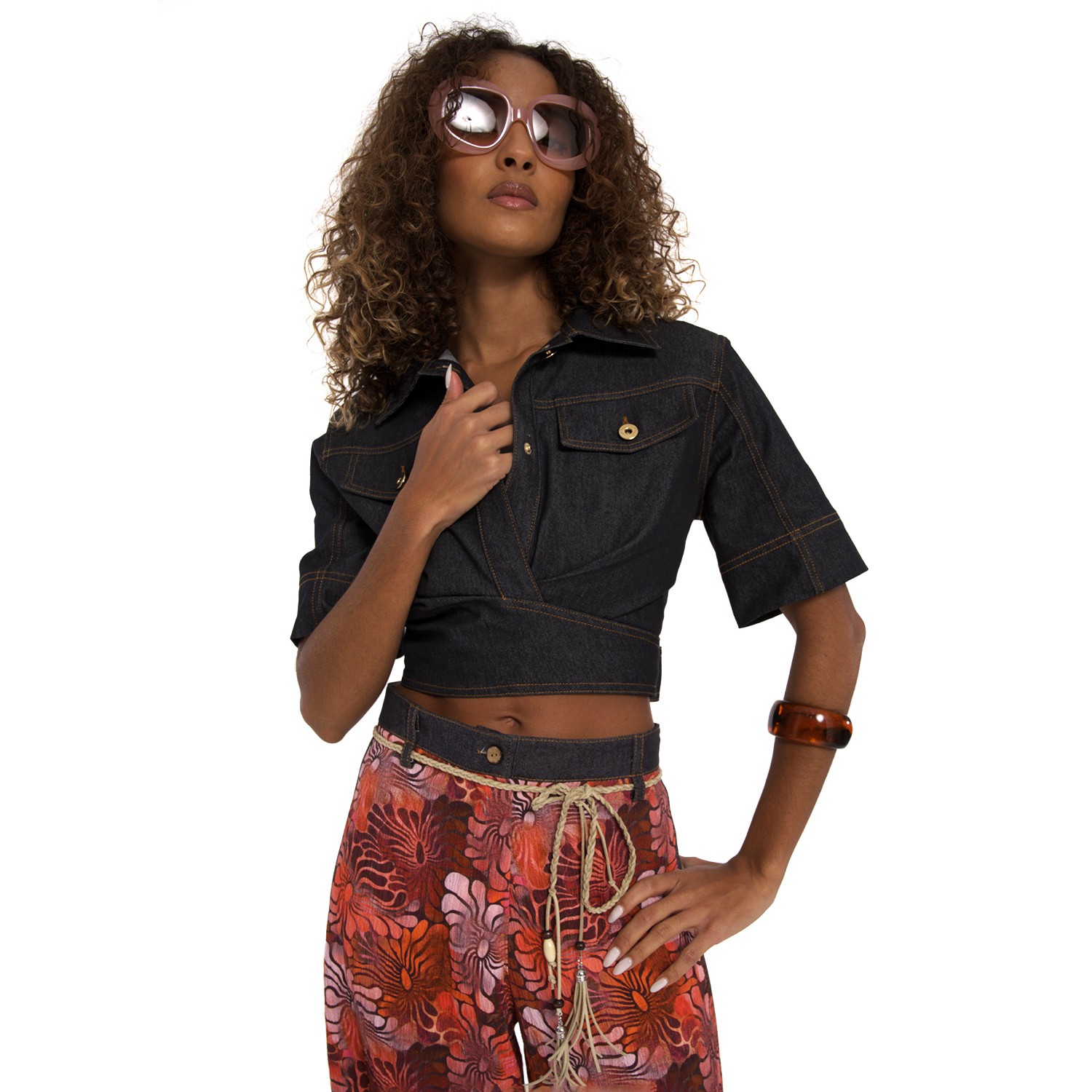 Fitted Cropped Black Denim Shirt