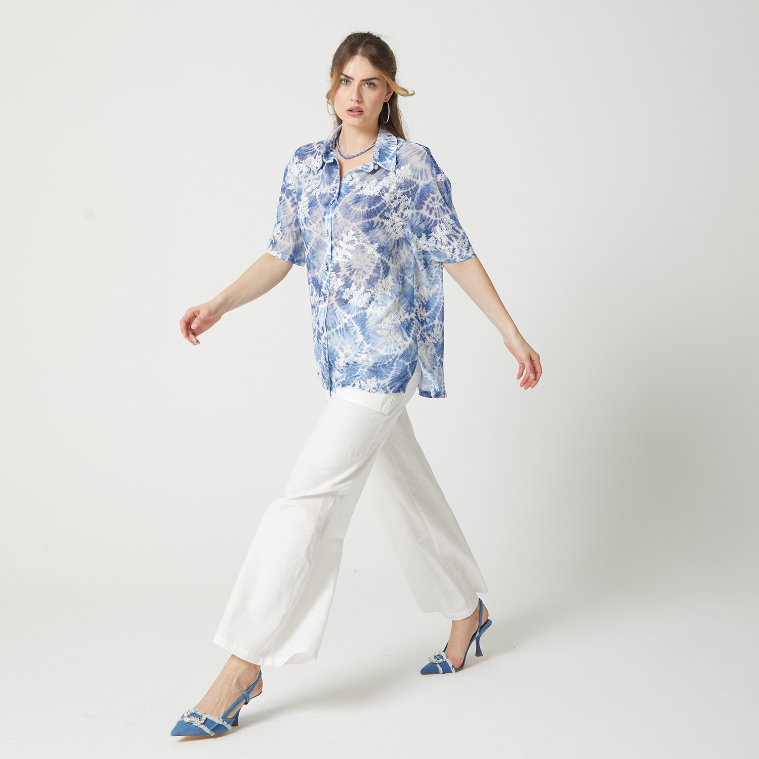 Chiffon Shirt With Tie-Dye Denim Effect Print And Embroidery Details