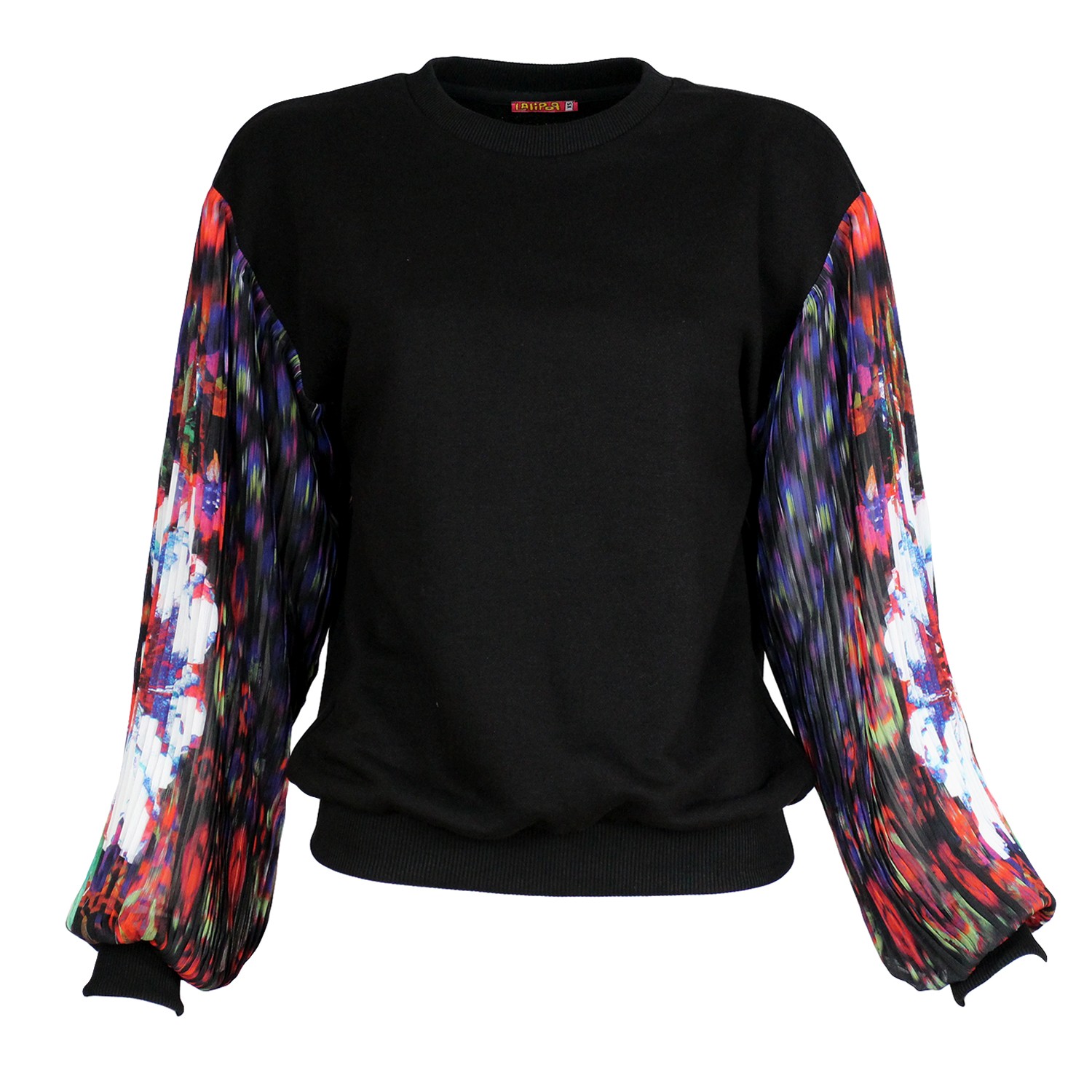 Black Sweatshirt With Printed Chiffon Pleated Sleeves