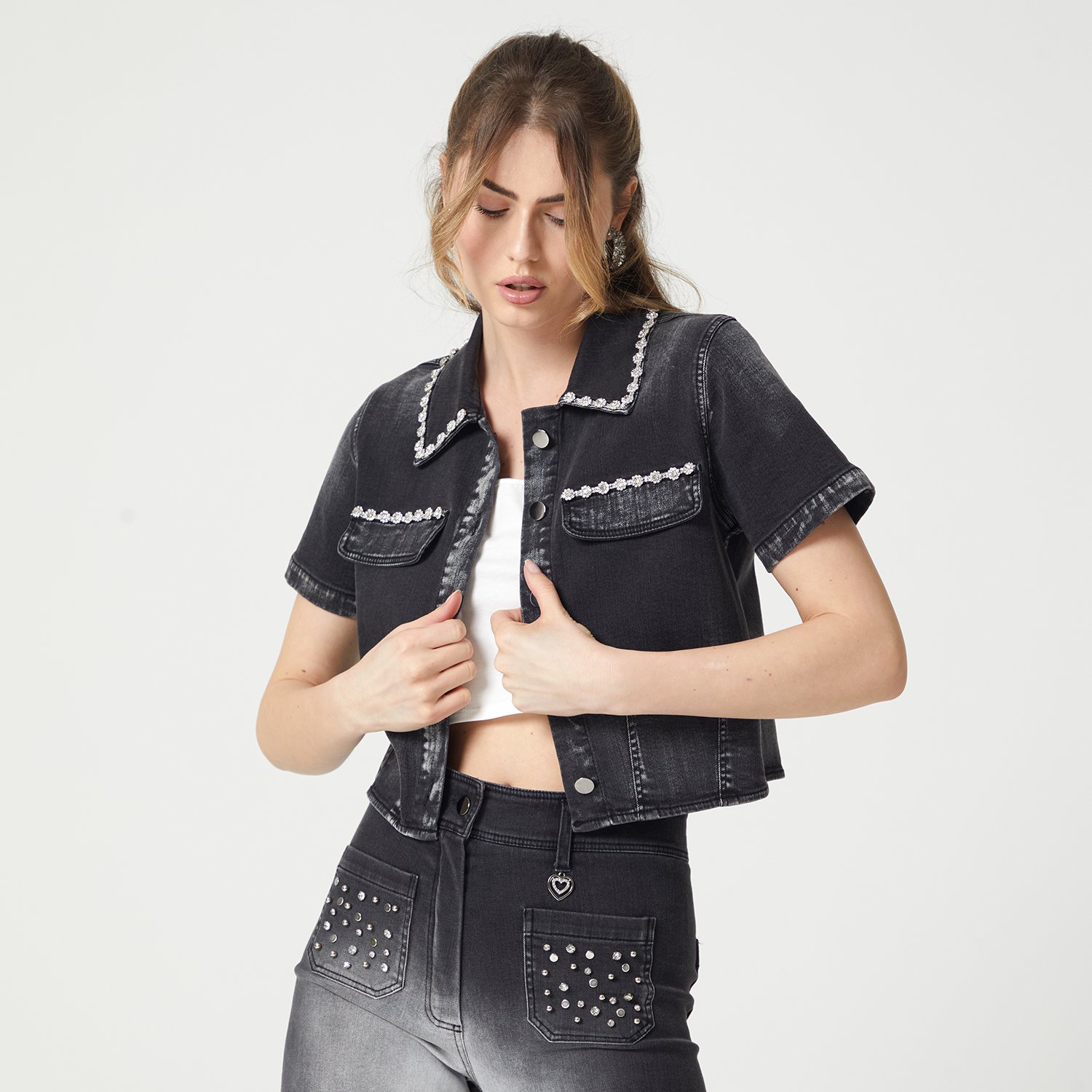 Hand Stitched Crystal Embellished Black Denim Cropped Jacket