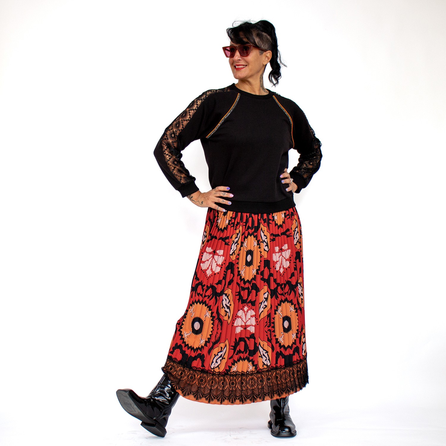 Maxi Pleated Skirt With Guipure Lace At The Hem