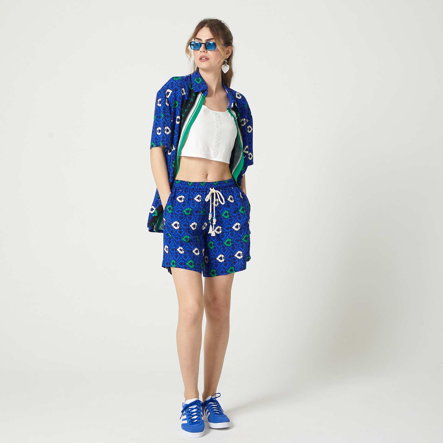 Abstract Print Viscose Short Sleeves Shirt & White Crop Top Set