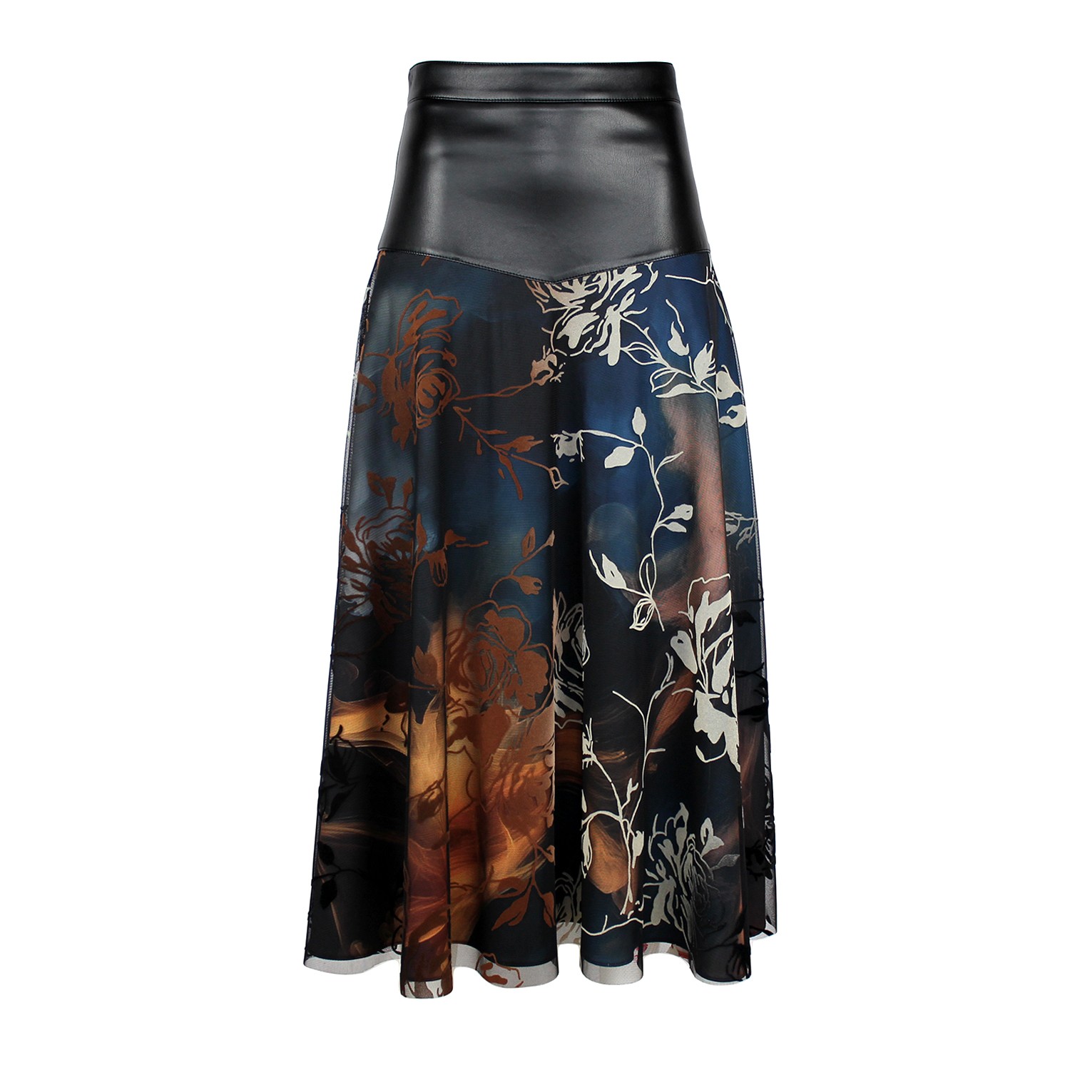 Layered Midi Skirt with Vegan Leather Waist