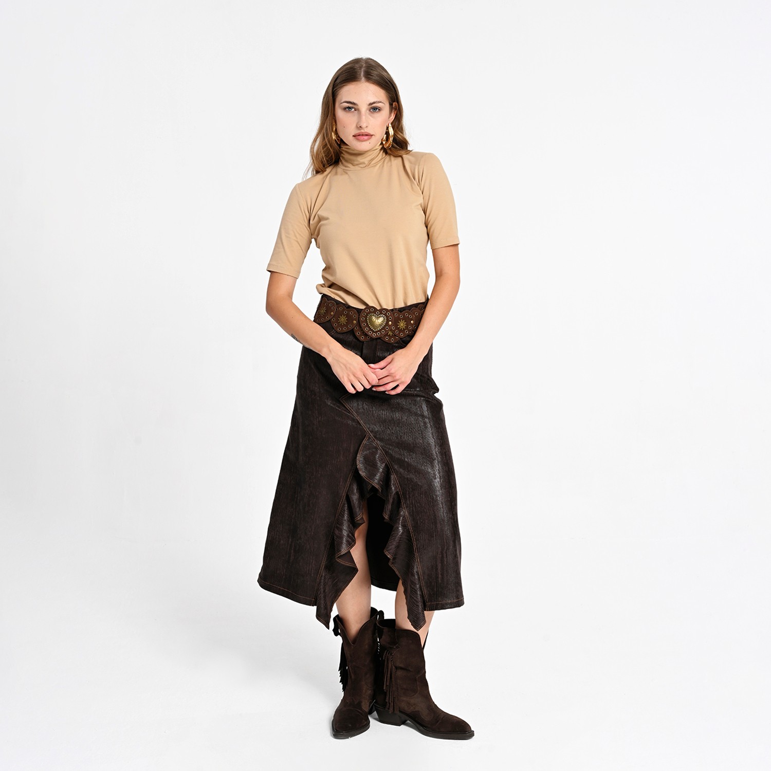 Ruffled Front Vegan Leather Midi Skirt