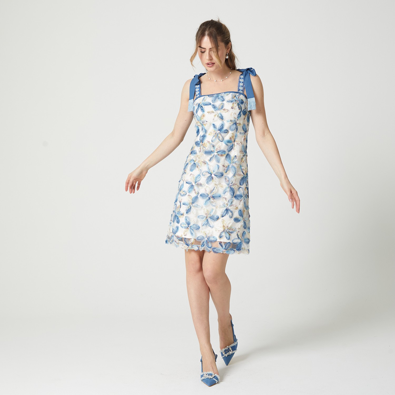 Flower Applique Mini Dress With Tieable Straps