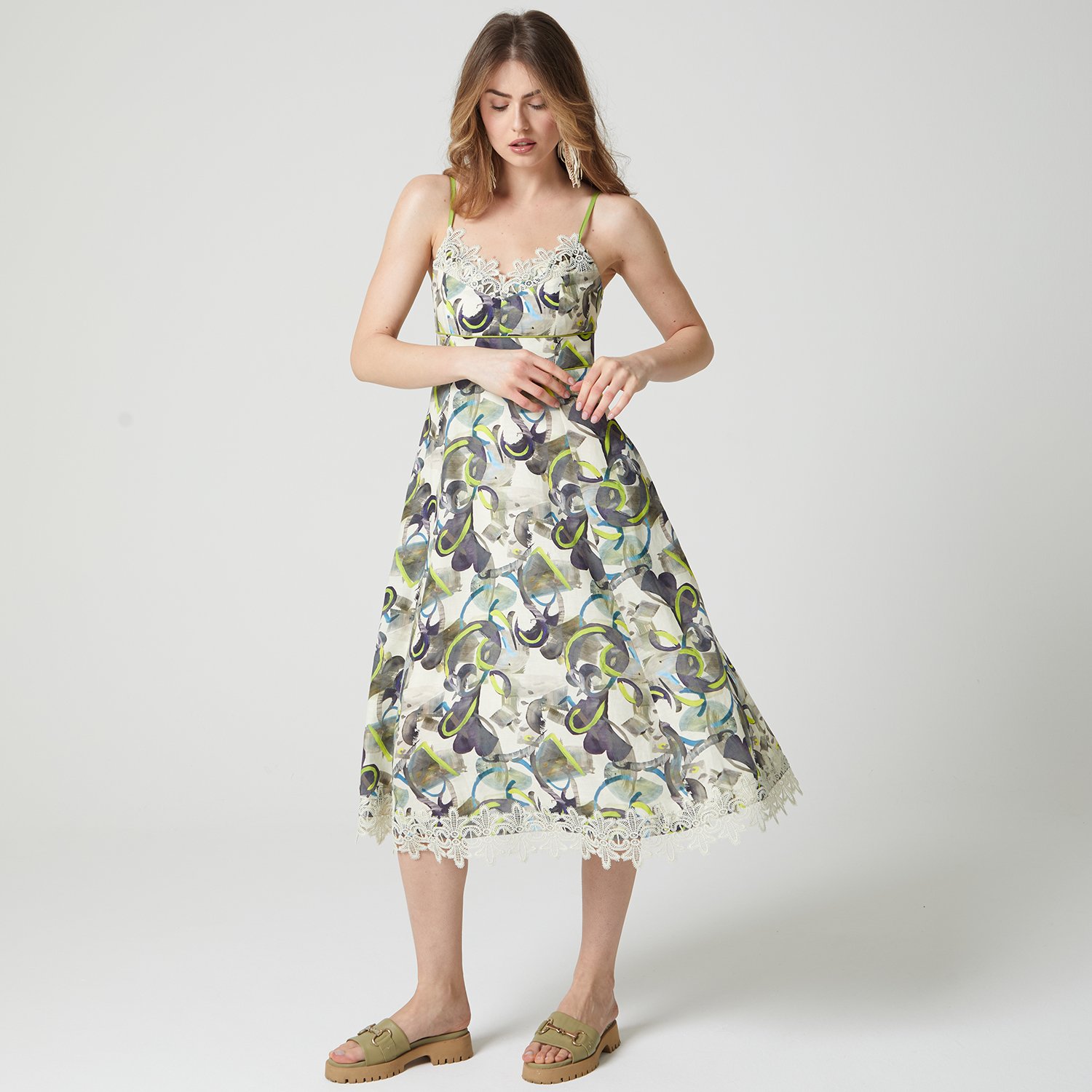 Abstract Print Linen Midi Dress