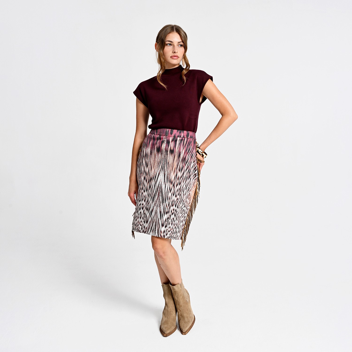Pencil Skirt with Animal Print and Fringe Details
