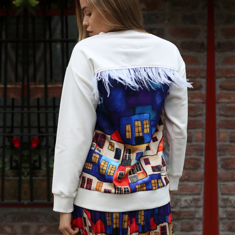 White Cotton Sweatshirt With House Pattern Print On The Back
