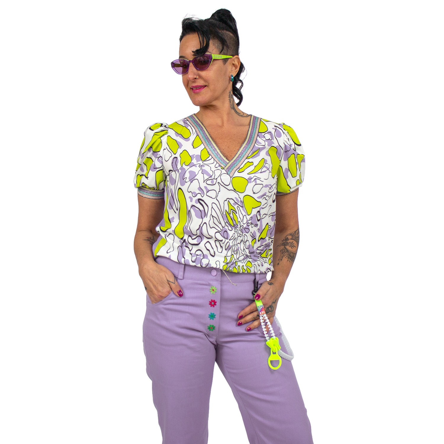 Puff Sleeves V-Neck Blouse With Abstract Printed Front