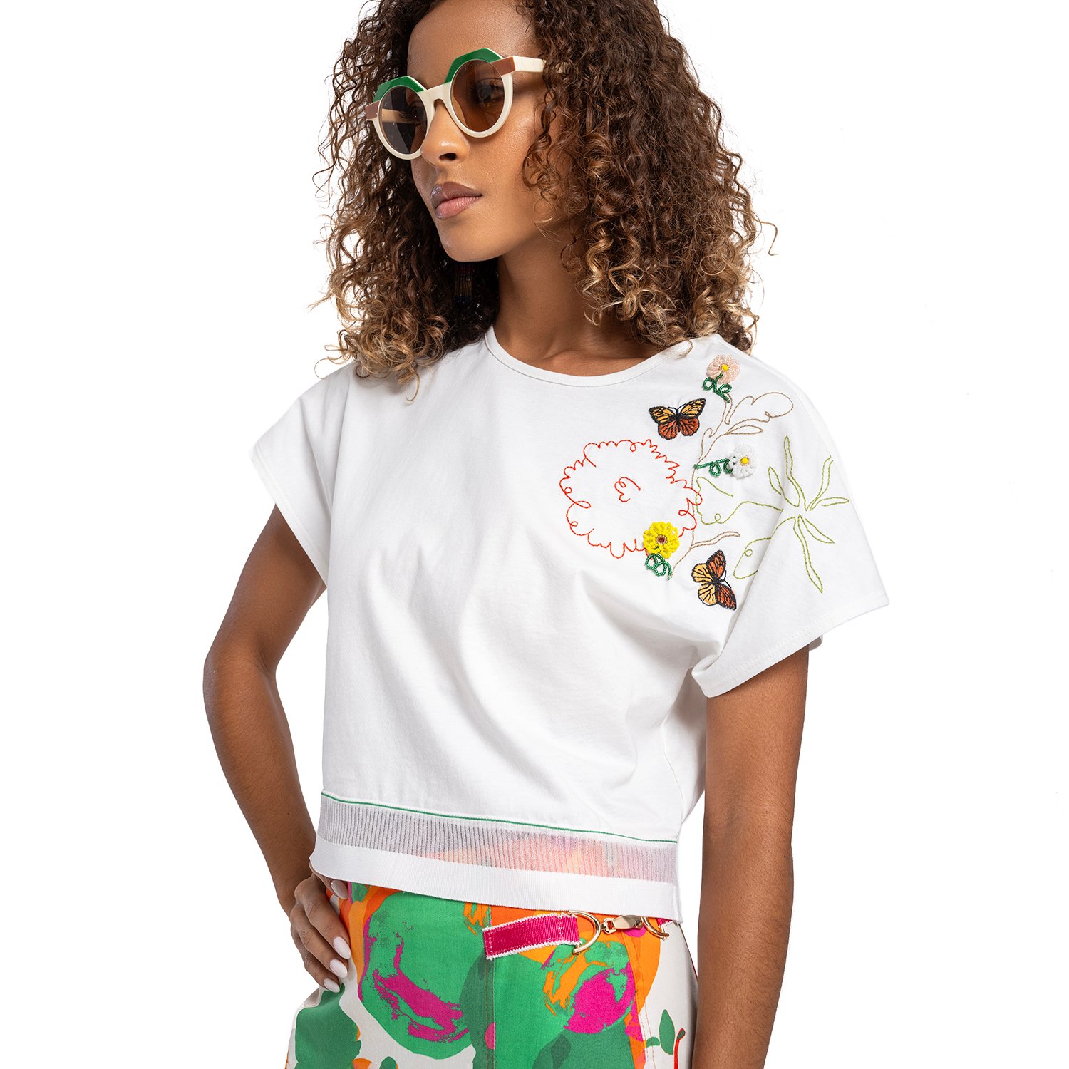 Embroidered Cropped Cotton T-Shirt With Hem Detailing