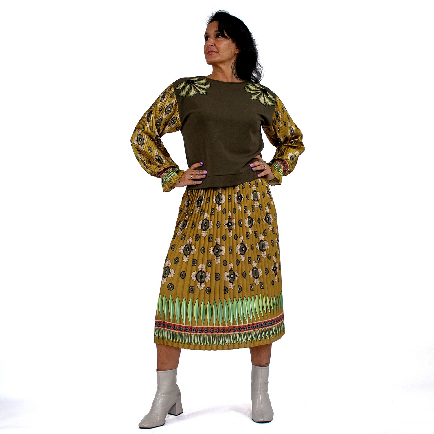 Abstract Khaki Flower Print Pleated Midi Skirt
