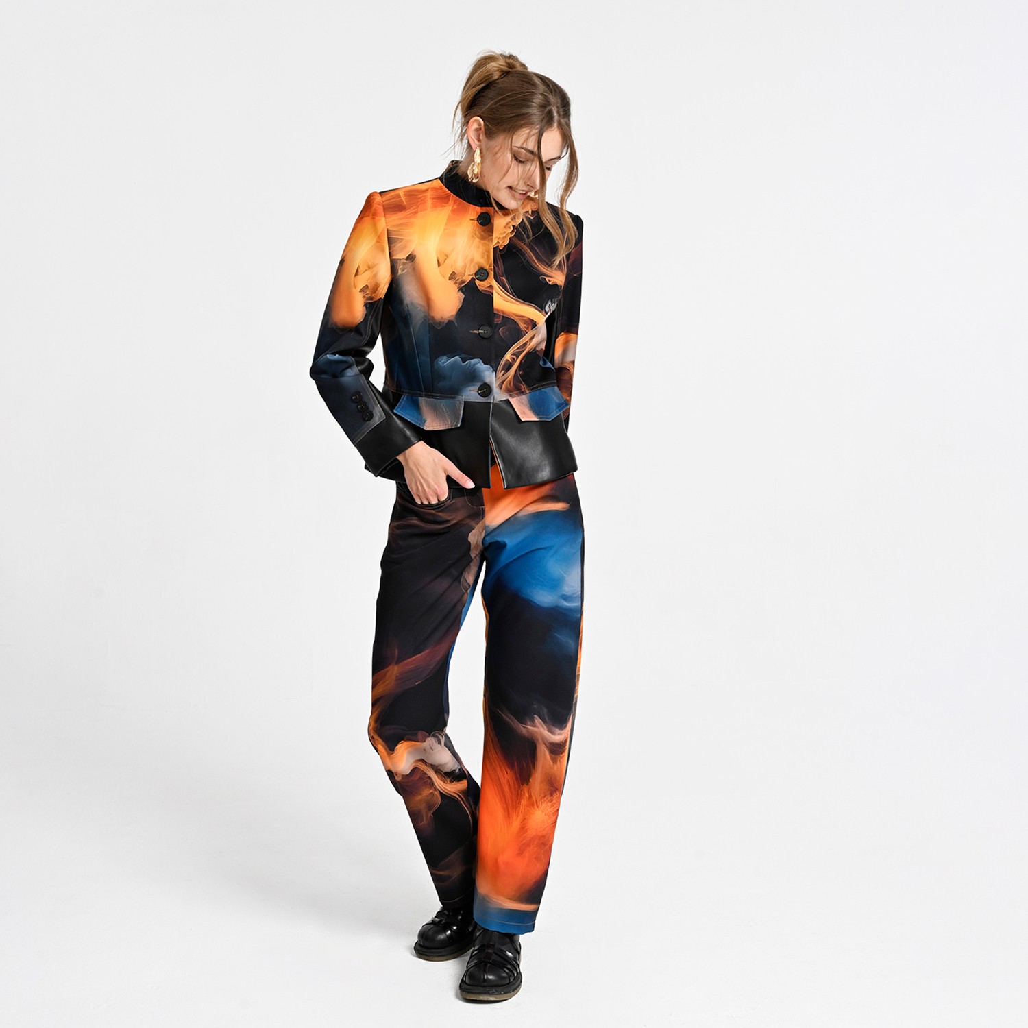 Cropped Jacket with Vegan Leather Trim and Digital Flame Print