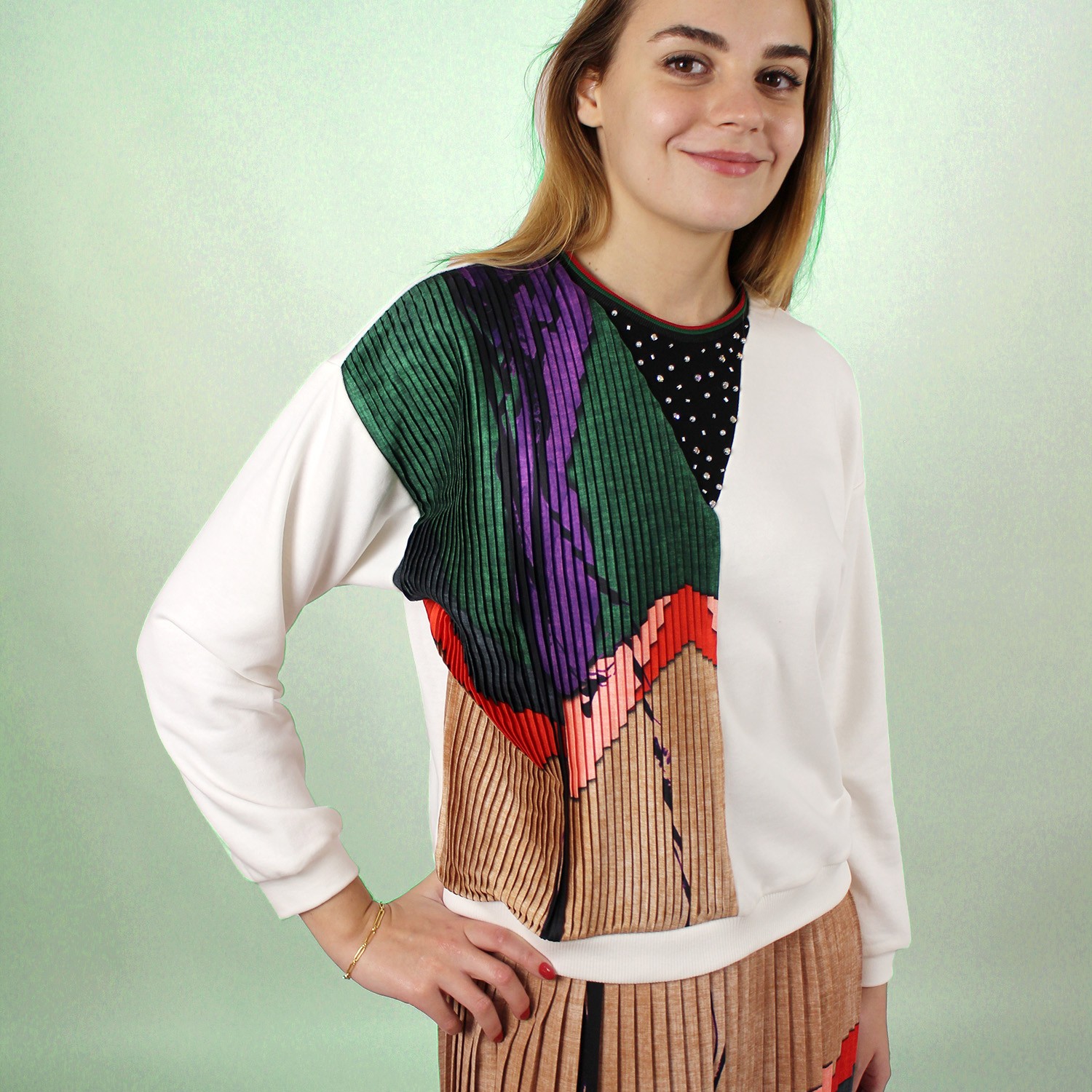 Pleated Sweatshirt With Rhinestone Details