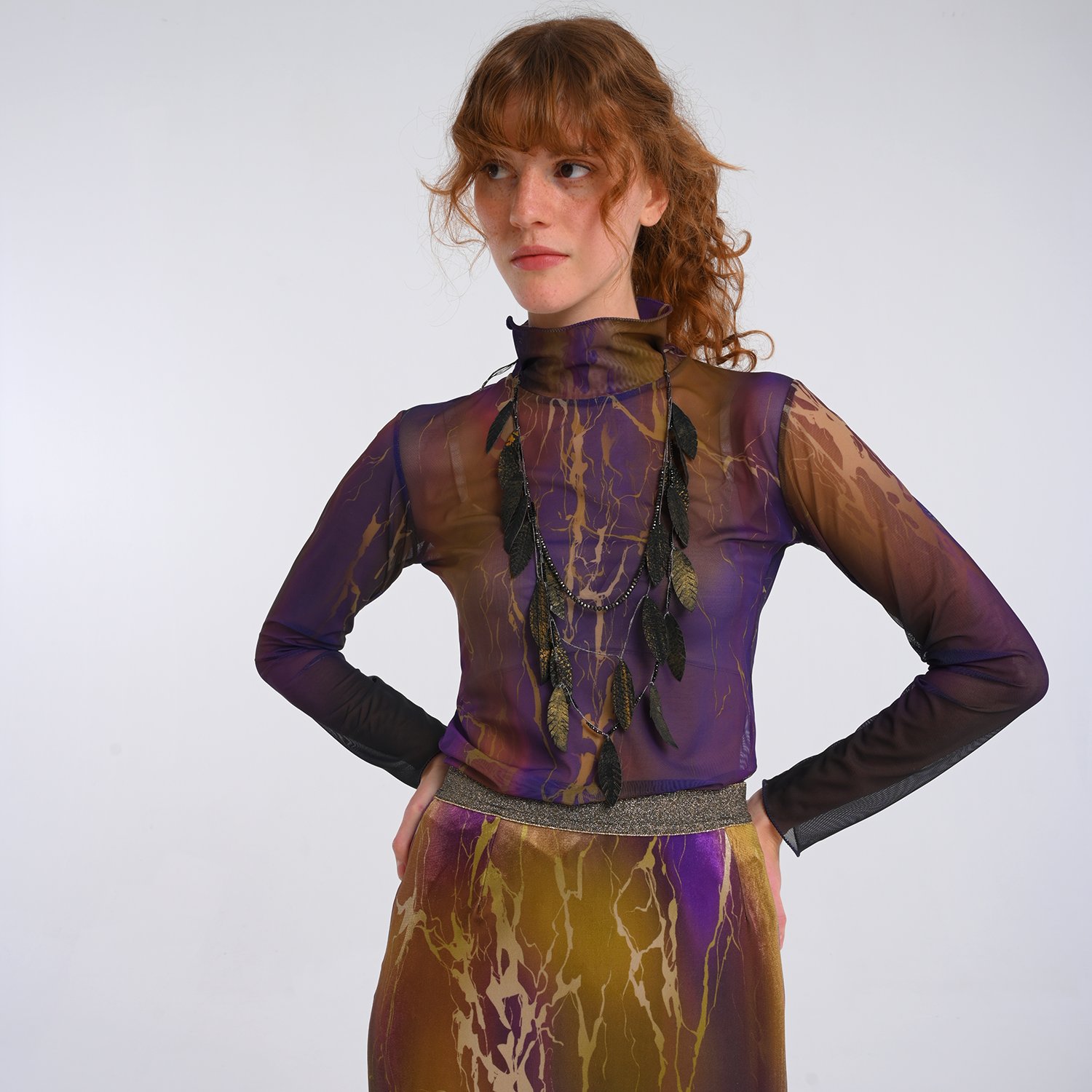 Abstract Printed Semi-Sheer Tulle Top