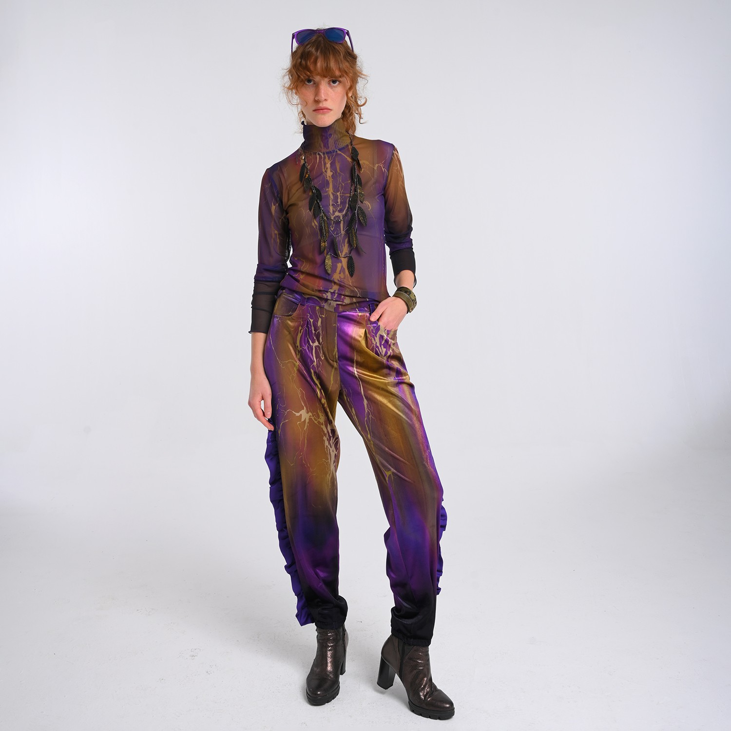 Abstract Print Velvet High-Waist Pants