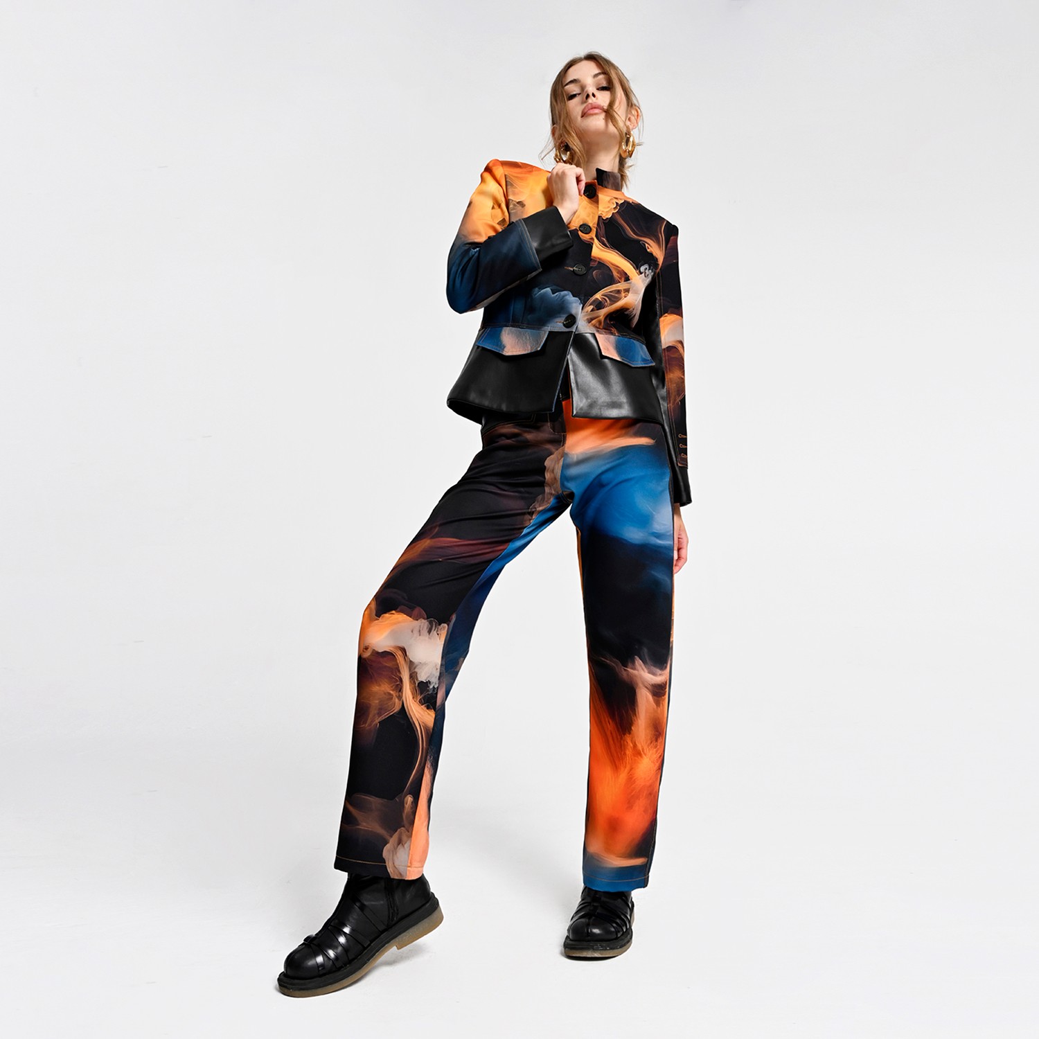 Cropped Jacket with Vegan Leather Trim and Digital Flame Print