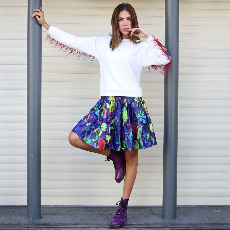 White Cotton Sweatshirt With Digital Print On The Back Yoke