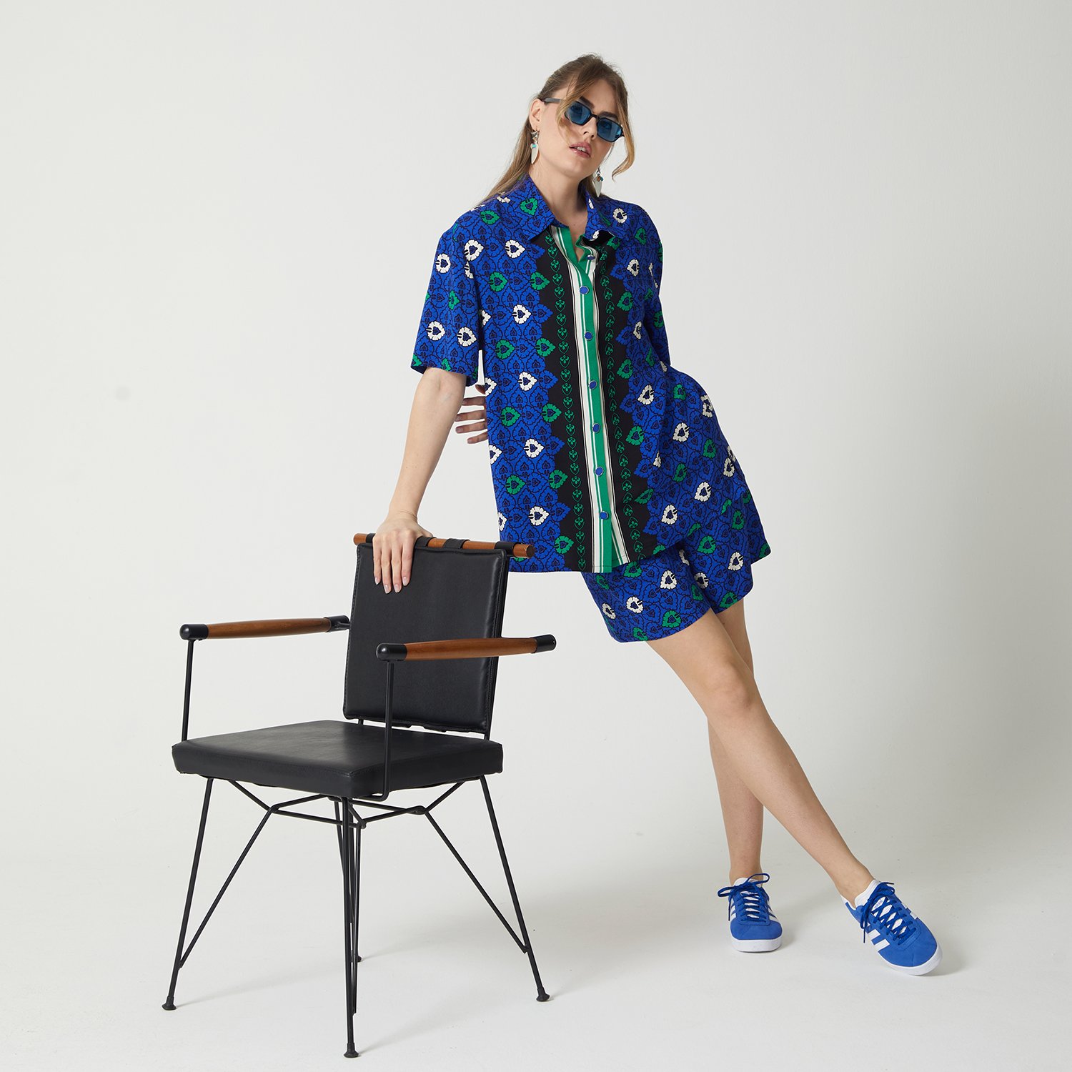 Abstract Print Viscose Short Sleeves Shirt & White Crop Top Set