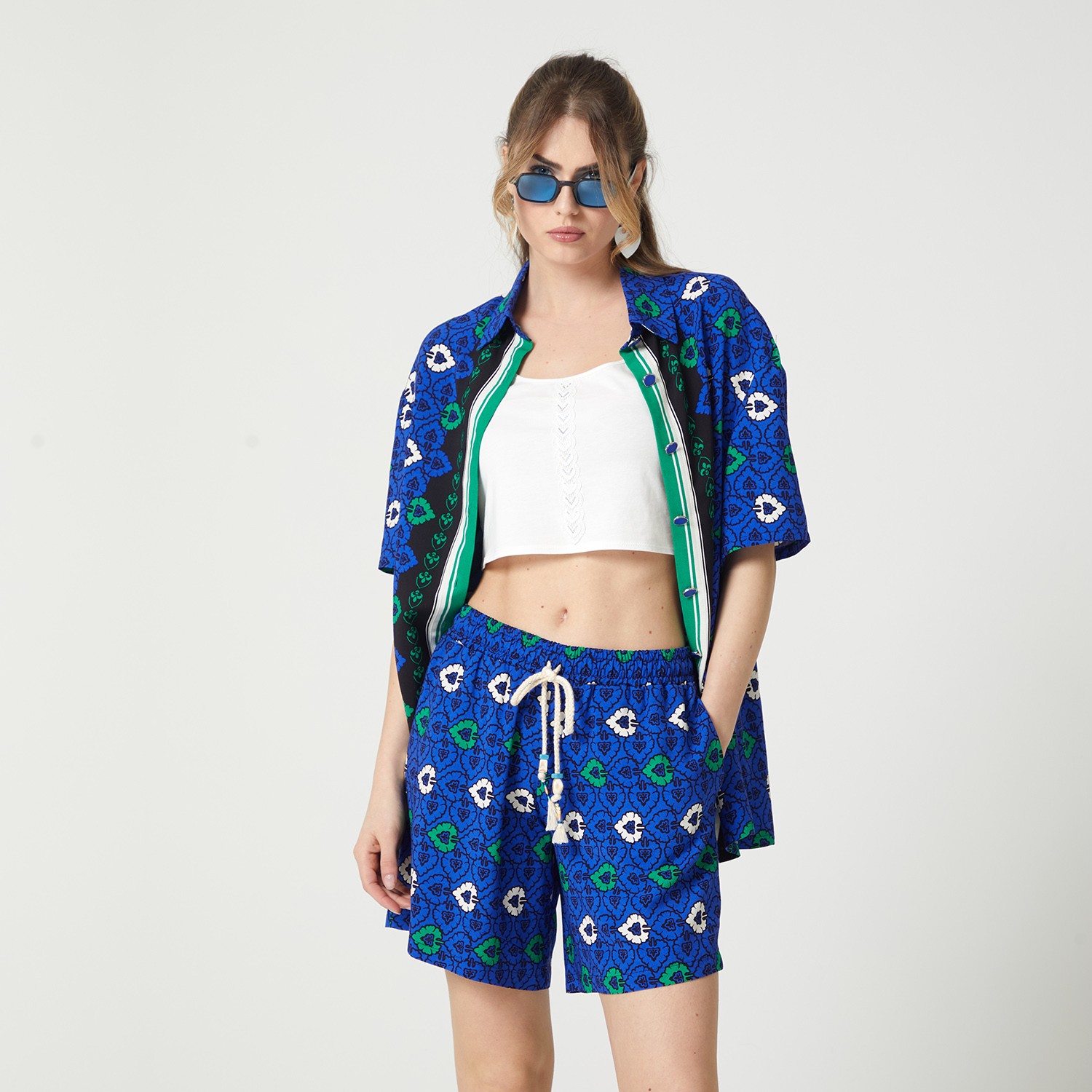 Abstract Print Viscose Short Sleeves Shirt & White Crop Top Set