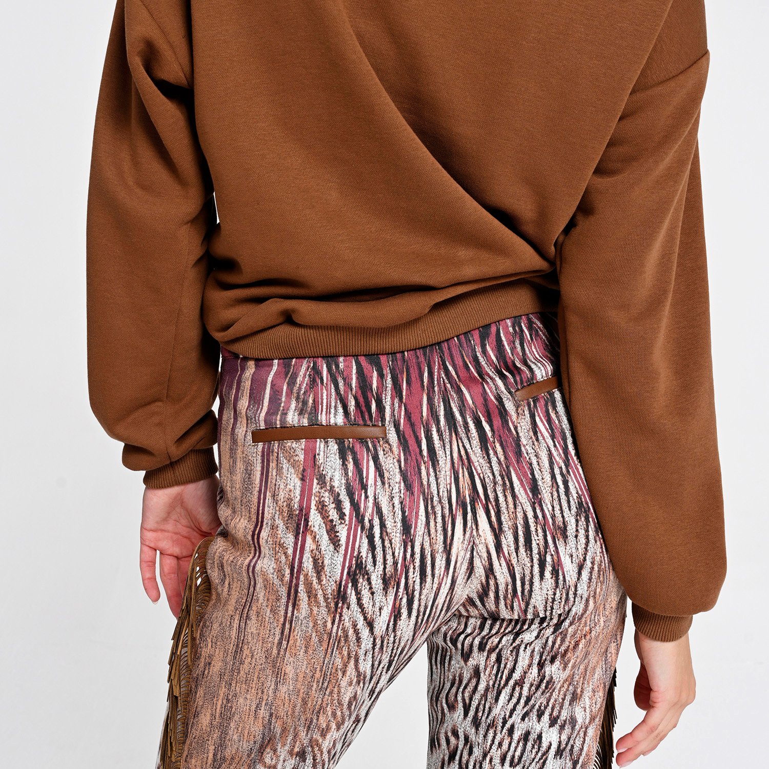 Straight-Leg Pants with Animal Print and Fringe Details