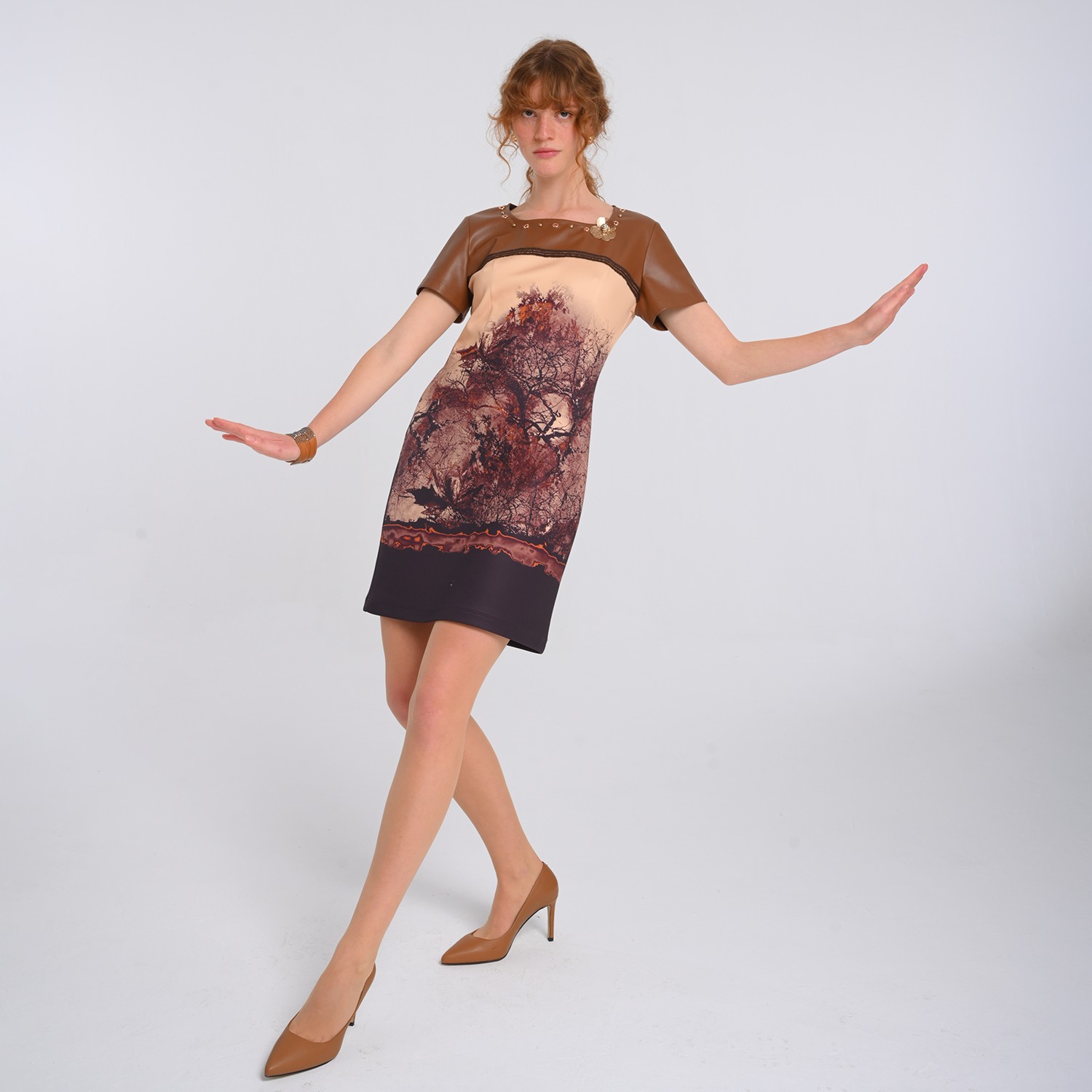 All-Over Graphic Print Short Sleeve Dress Panelled With Vegan Leather