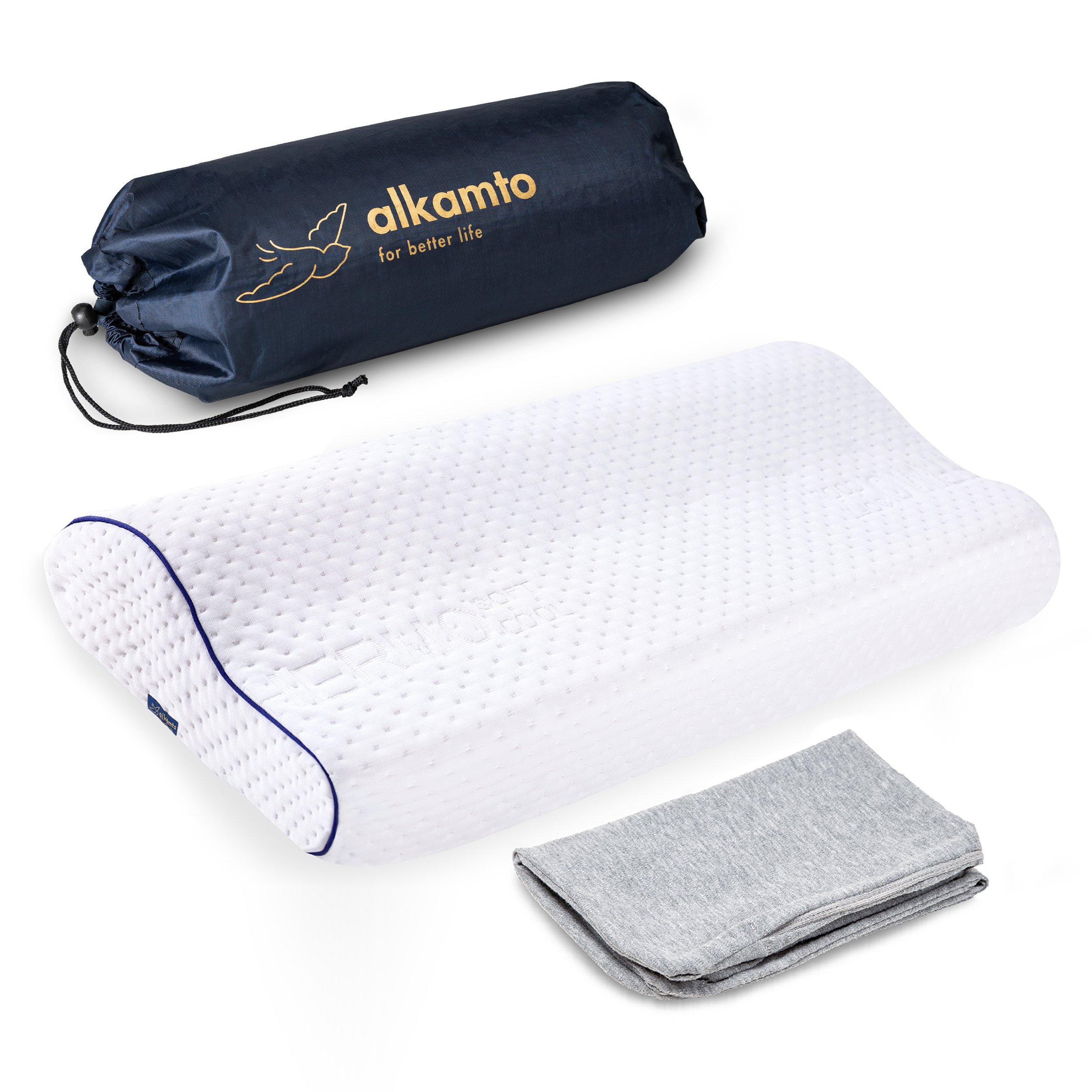 Alkamto Visco Hafızalı Termoregülasyonlu, Hipoalerjenik Ortopedik Boyun Destek Yastığı 60x30x10/8 cm, Pamuk Kılıf ve Taşıma Çantası Hediyeli