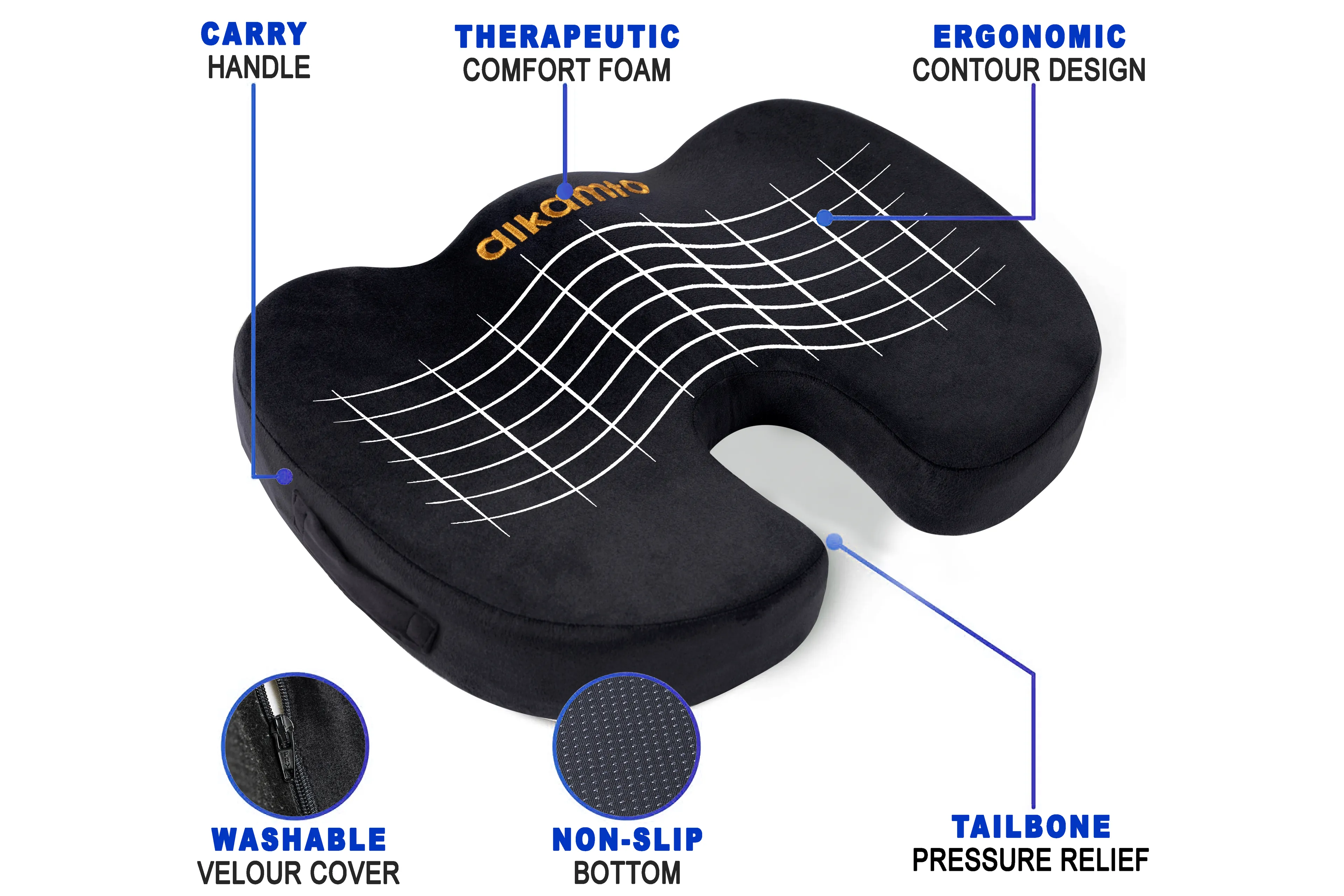 Alkamto Visco Kaydırmaz Tabanlı, Araba, Sandalye Koltuk Minderi Siyah 45x34x7 cm Siyah