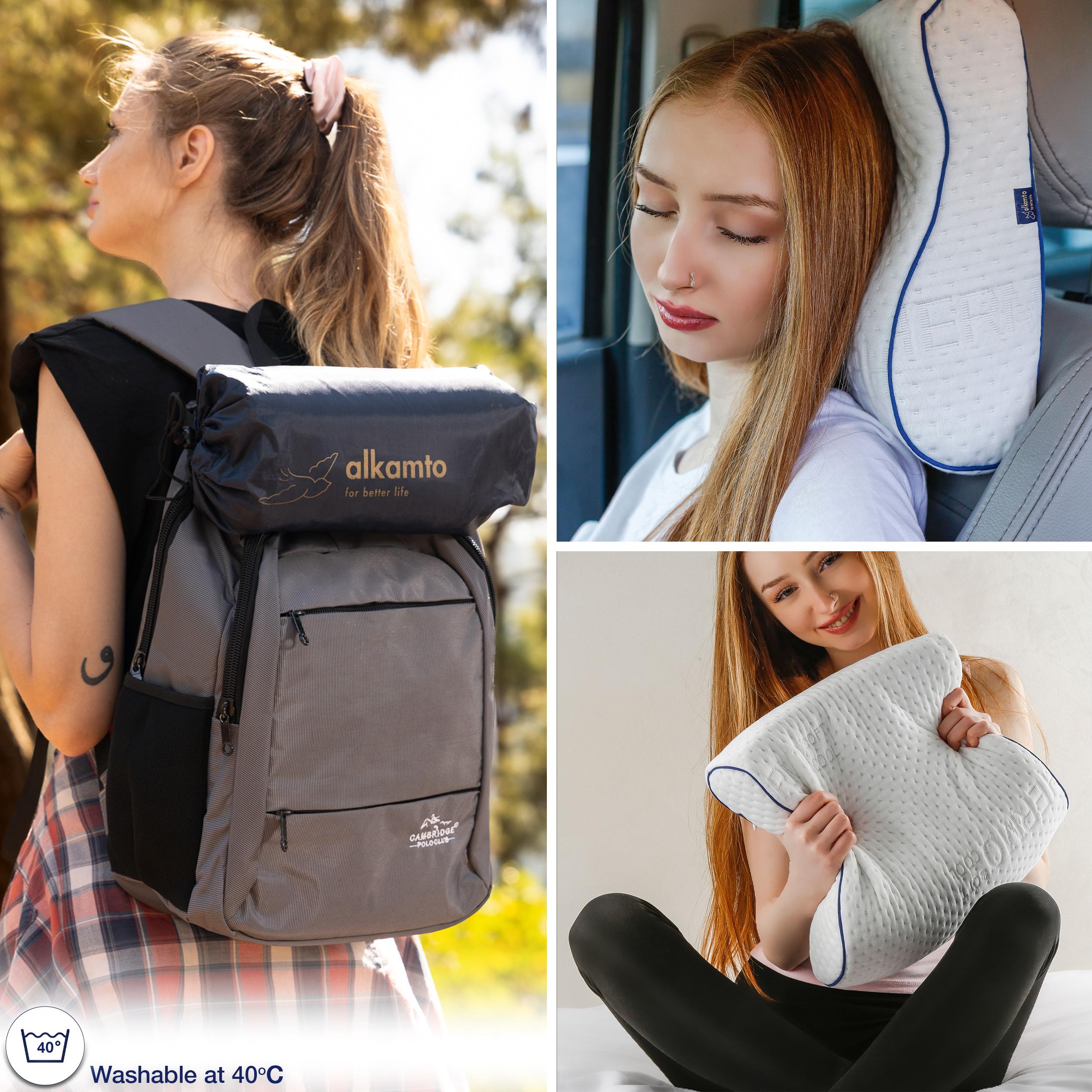 Alkamto Visco Hafızalı Ergonomik Boyun Destekli Seyahat Yastığı 40x25x10 cm, Pamuk Kılıf ve Taşıma Çantası Hediyeli