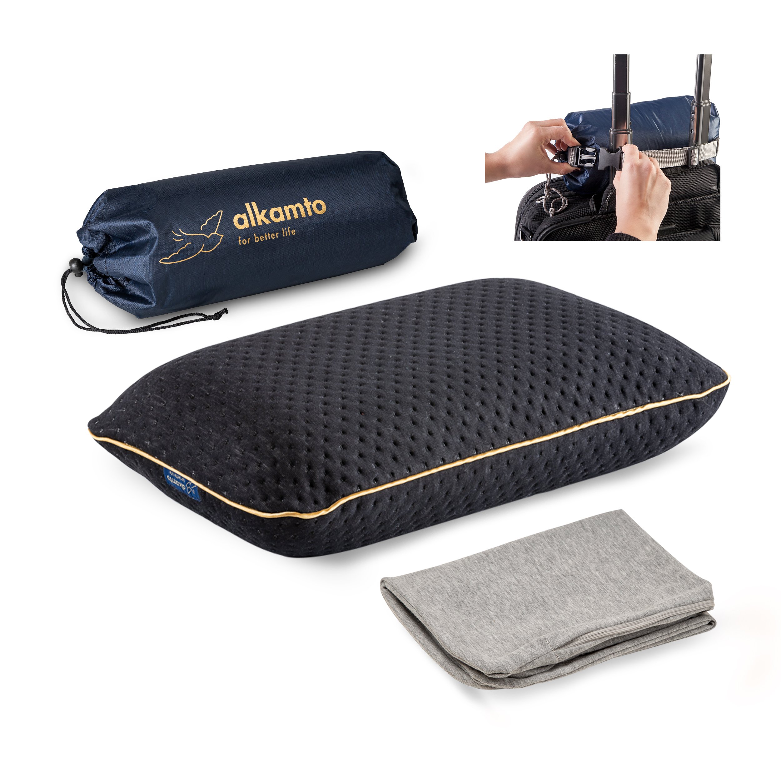 Alkamto Visco Hafızalı Ergonomik Boyun Destekli Seyahat Yastığı 40x25x10 cm, Pamuk Kılıf ve Taşıma Çantası Hediyeli - Siyah
