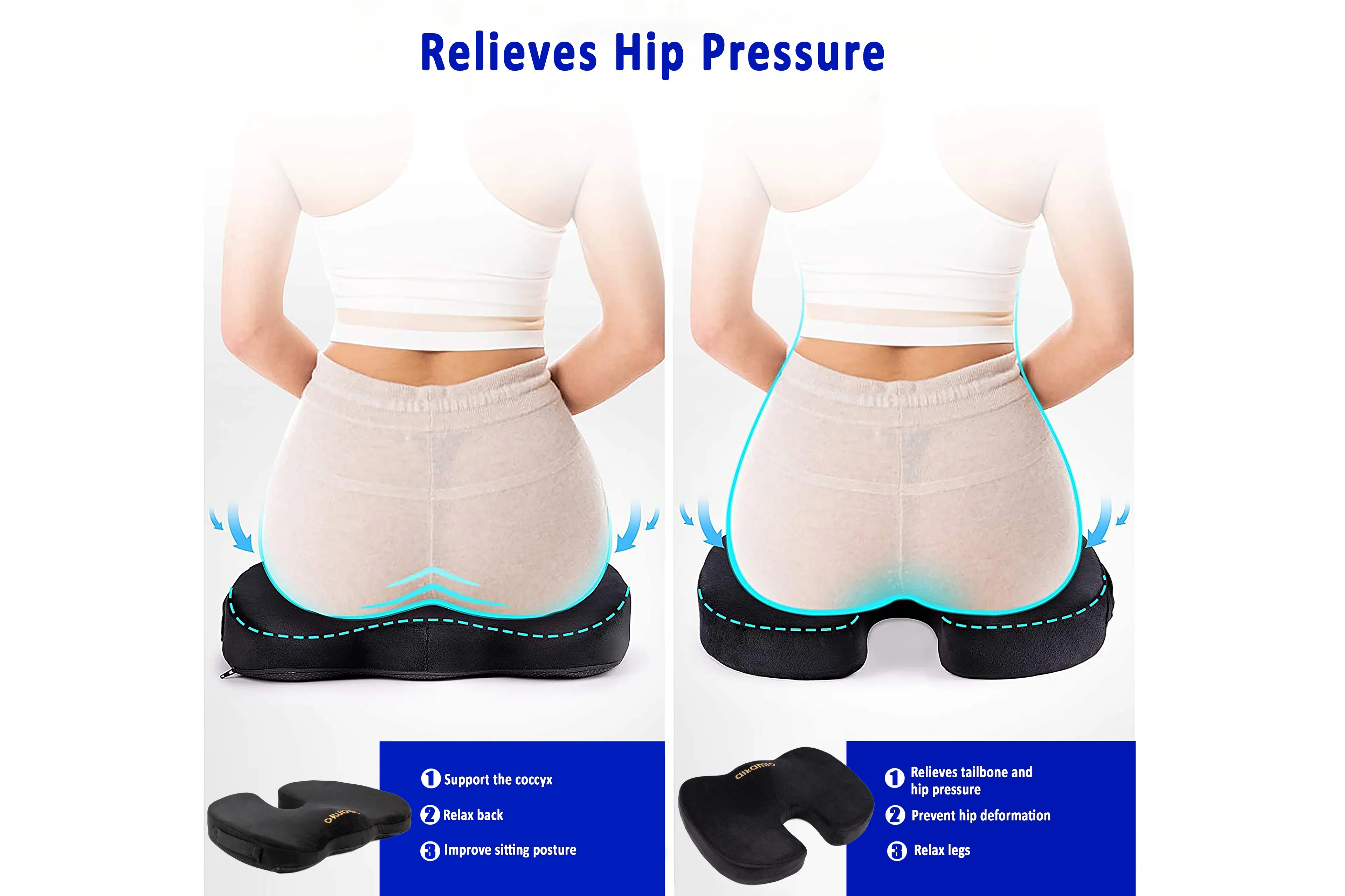 Alkamto Visco Kaydırmaz Tabanlı, Araba, Sandalye Koltuk Minderi Siyah 45x34x7 cm Siyah