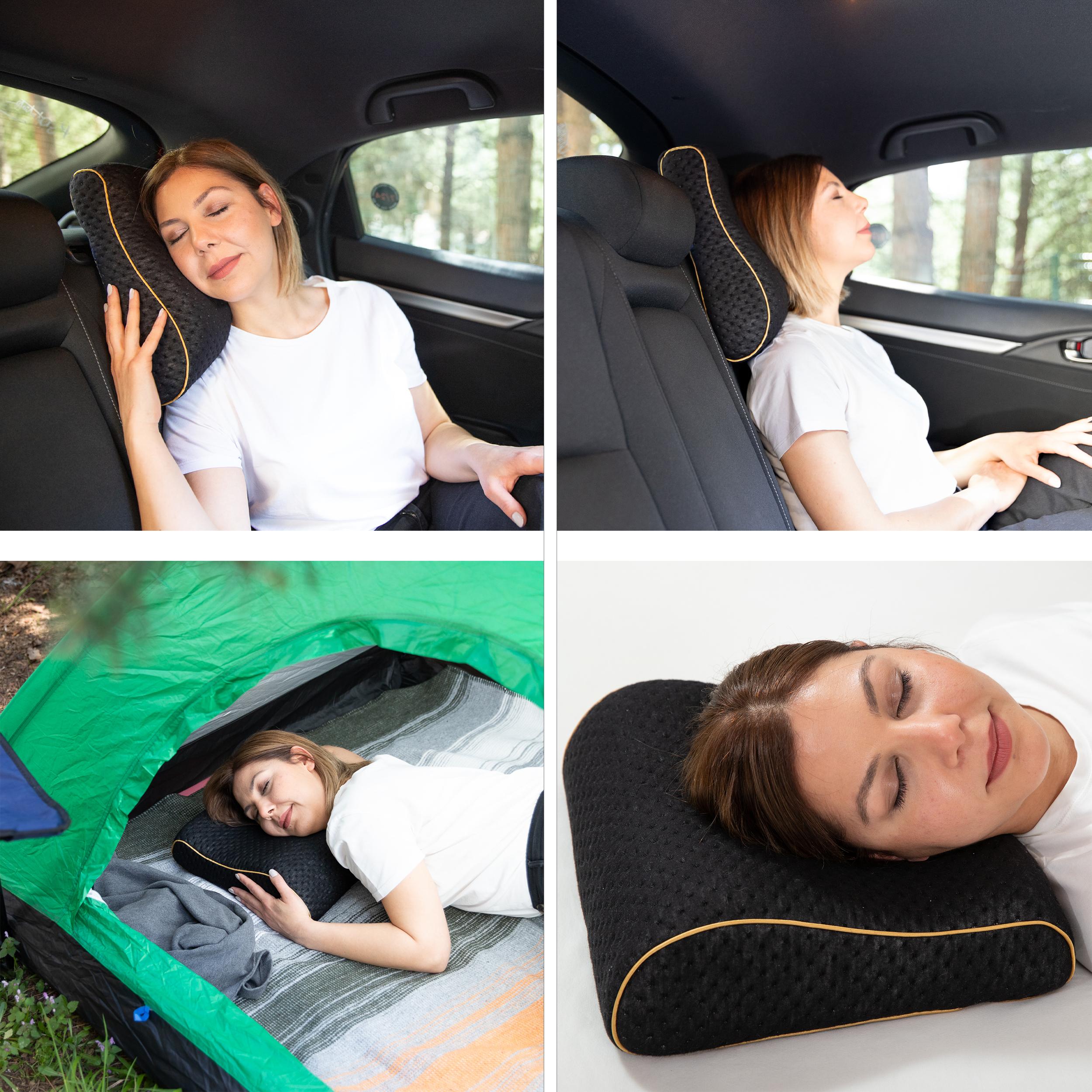Alkamto Visco Hafızalı Ergonomik Boyun Destekli Seyahat Yastığı 35x30x10/8 cm, Taşıma Çantası Hediyeli - Siyah