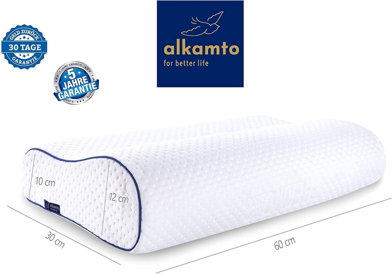Alkamto Visco Hafızalı Termoregülasyonlu, Hipoalerjenik Ortopedik Boyun Destek Yastığı 60x30x12/10 cm, Pamuk Kılıf ve Taşıma Çantası Hediyeli