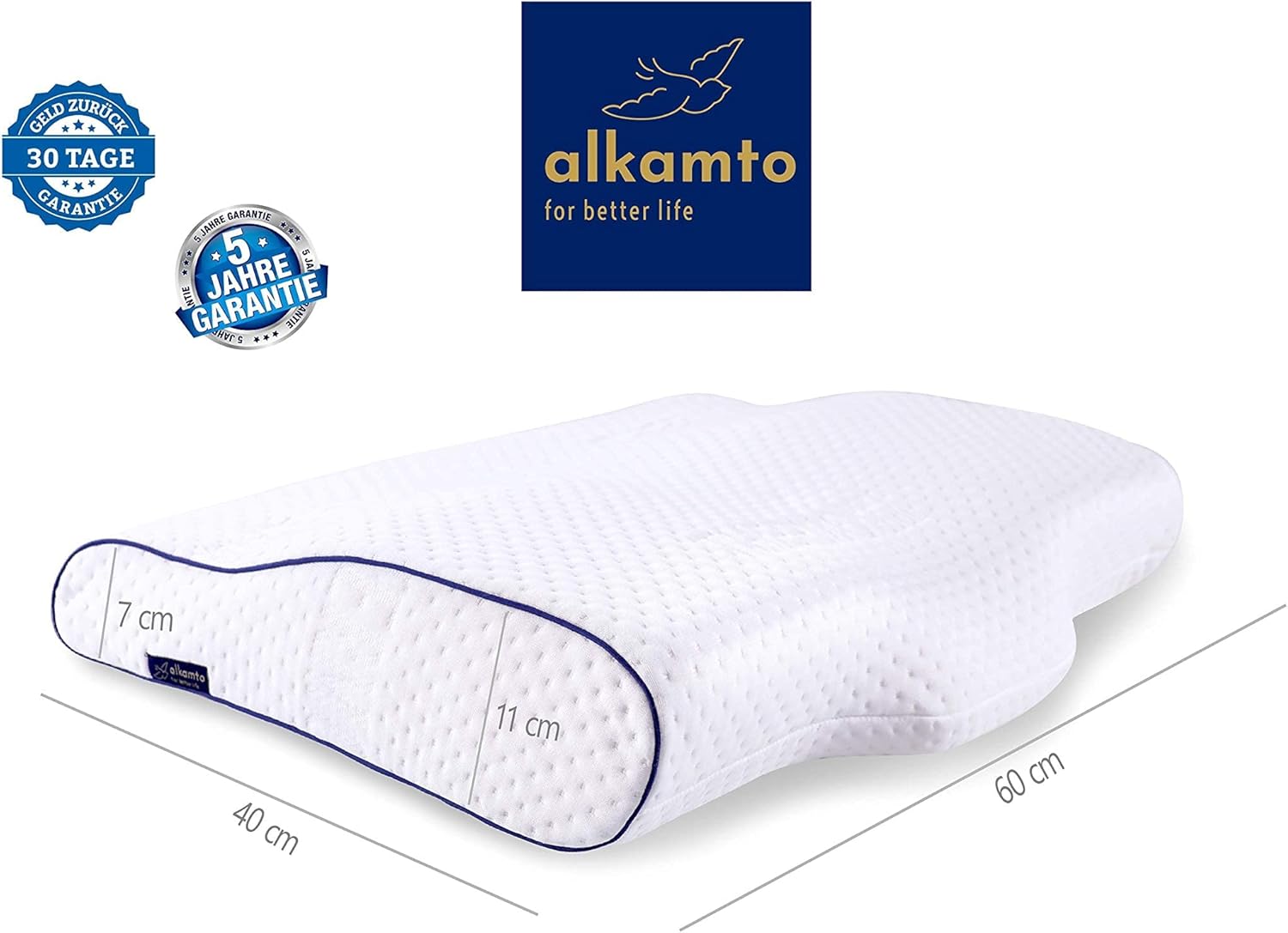 Alkamto Ortopedik Boyun Destek Yastığı – Termoregülasyonlu, Hipoalerjenik Memory Foam Visco Yastık (60x40x11/7 cm) | Ekstra Pamuk Kılıf & Seyahat Çantası