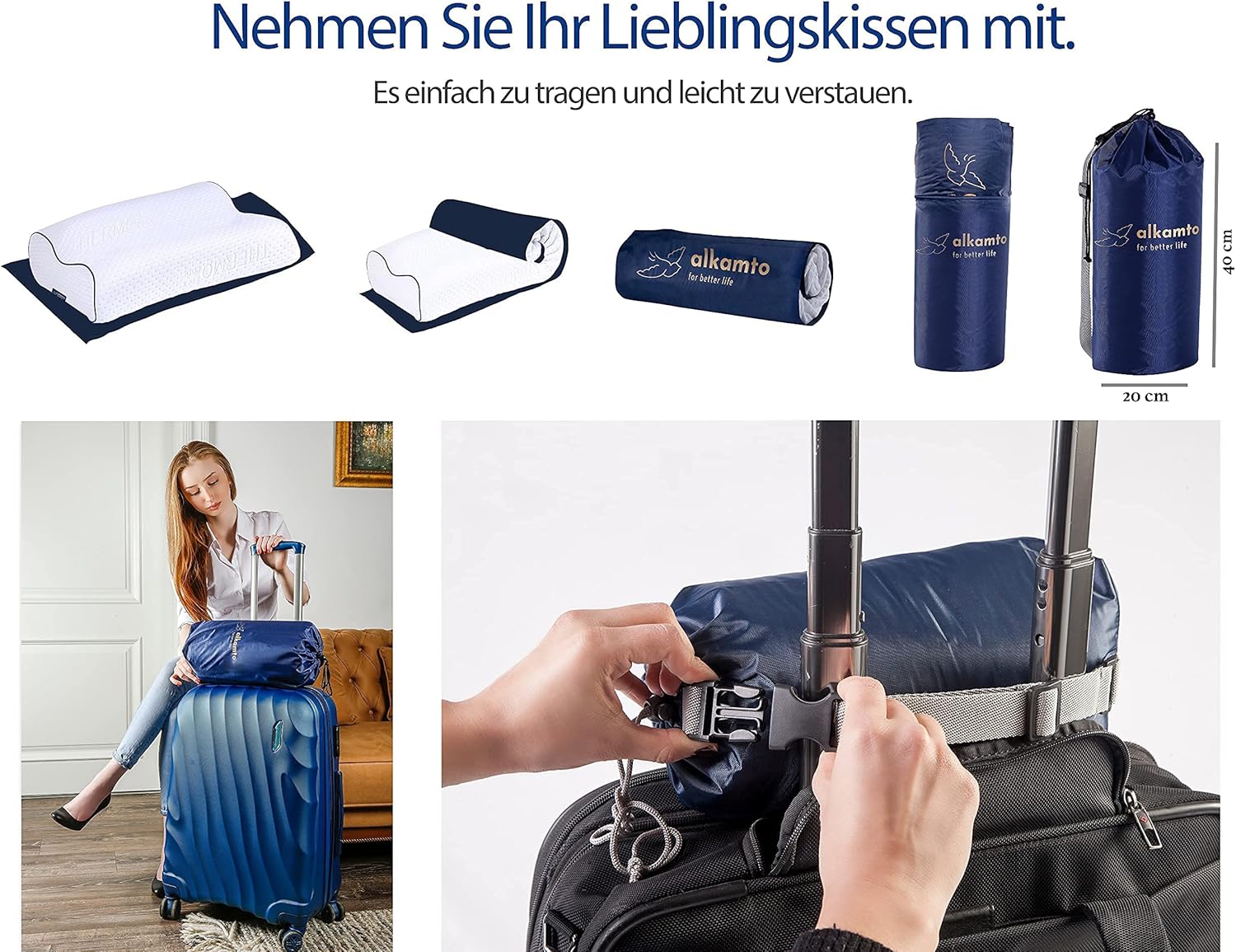 Alkamto Visco Hafızalı Termoregülasyonlu, Hipoalerjenik Yan Uyku, Sırt Üstü ve Yüz Üstü Uyuma Ortopedik Boyun Destek Yastığı 54x40x11/9 cm Pamuk Kılıf ve Taşıma Çantası Hediyeli