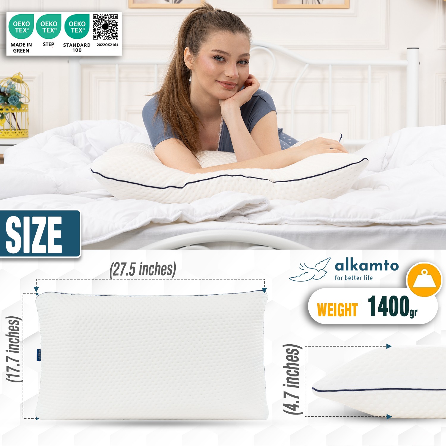 Alkamto Visco Hafızalı Termoregülasyonlu, Hipoalerjenik Ortopedik Boyun Destek Yastığı 70x45x12 cm
