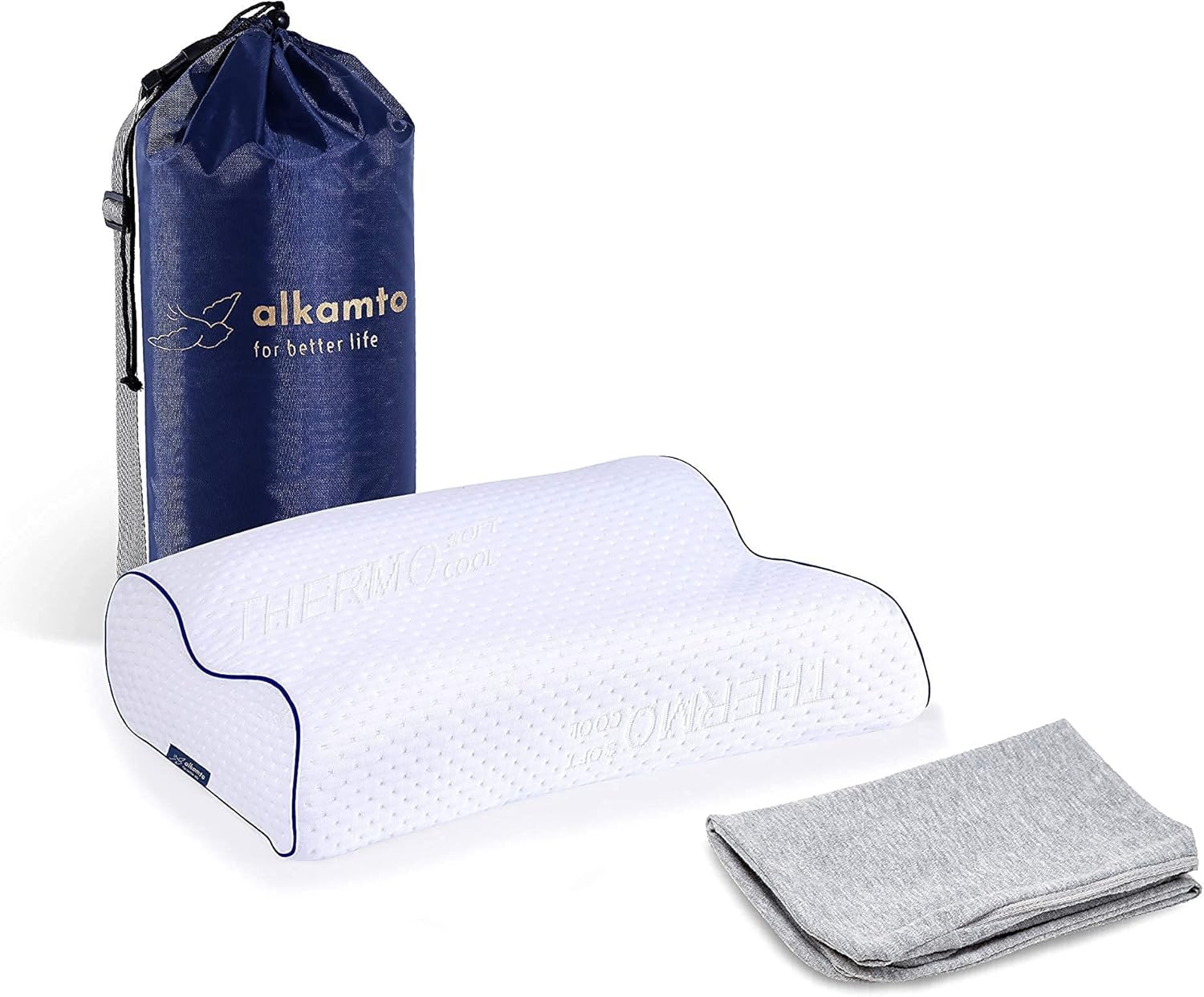 Alkamto Visco Hafızalı Termoregülasyonlu, Hipoalerjenik Yan Uyku, Sırt Üstü ve Yüz Üstü Uyuma Ortopedik Boyun Destek Yastığı 54x40x11/9 cm Pamuk Kılıf ve Taşıma Çantası Hediyeli