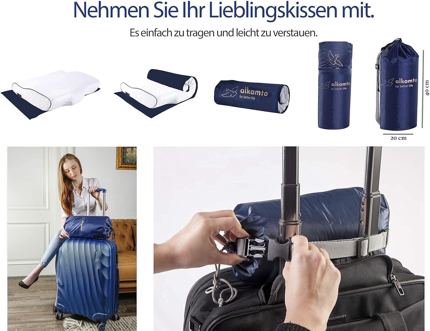 Alkamto Ortopedik Boyun Destek Yastığı – Termoregülasyonlu, Hipoalerjenik Memory Foam Visco Yastık (60x40x11/7 cm) | Ekstra Pamuk Kılıf & Seyahat Çantası