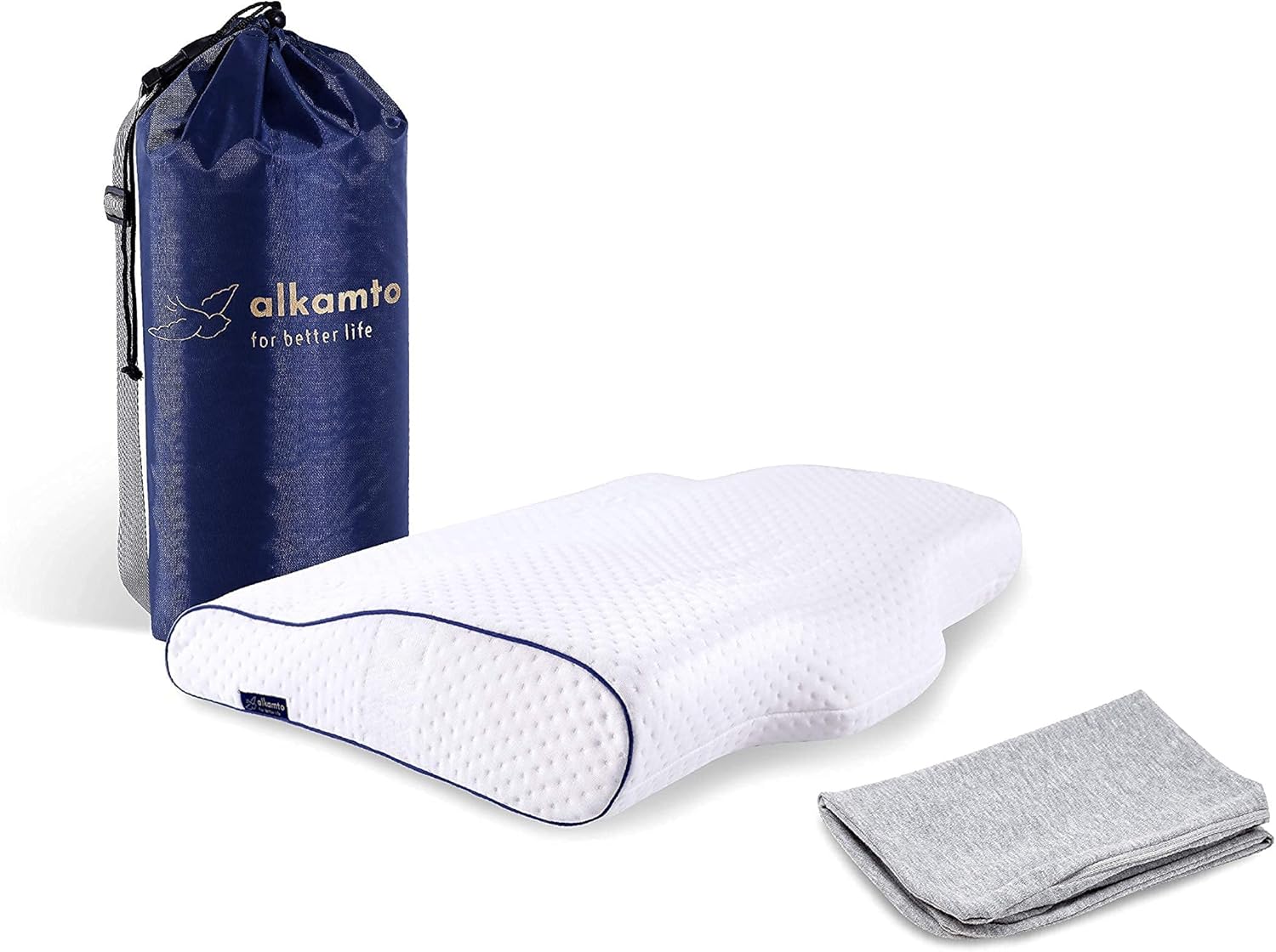 Alkamto Ortopedik Boyun Destek Yastığı – Termoregülasyonlu, Hipoalerjenik Memory Foam Visco Yastık (60x40x11/7 cm) | Ekstra Pamuk Kılıf & Seyahat Çantası