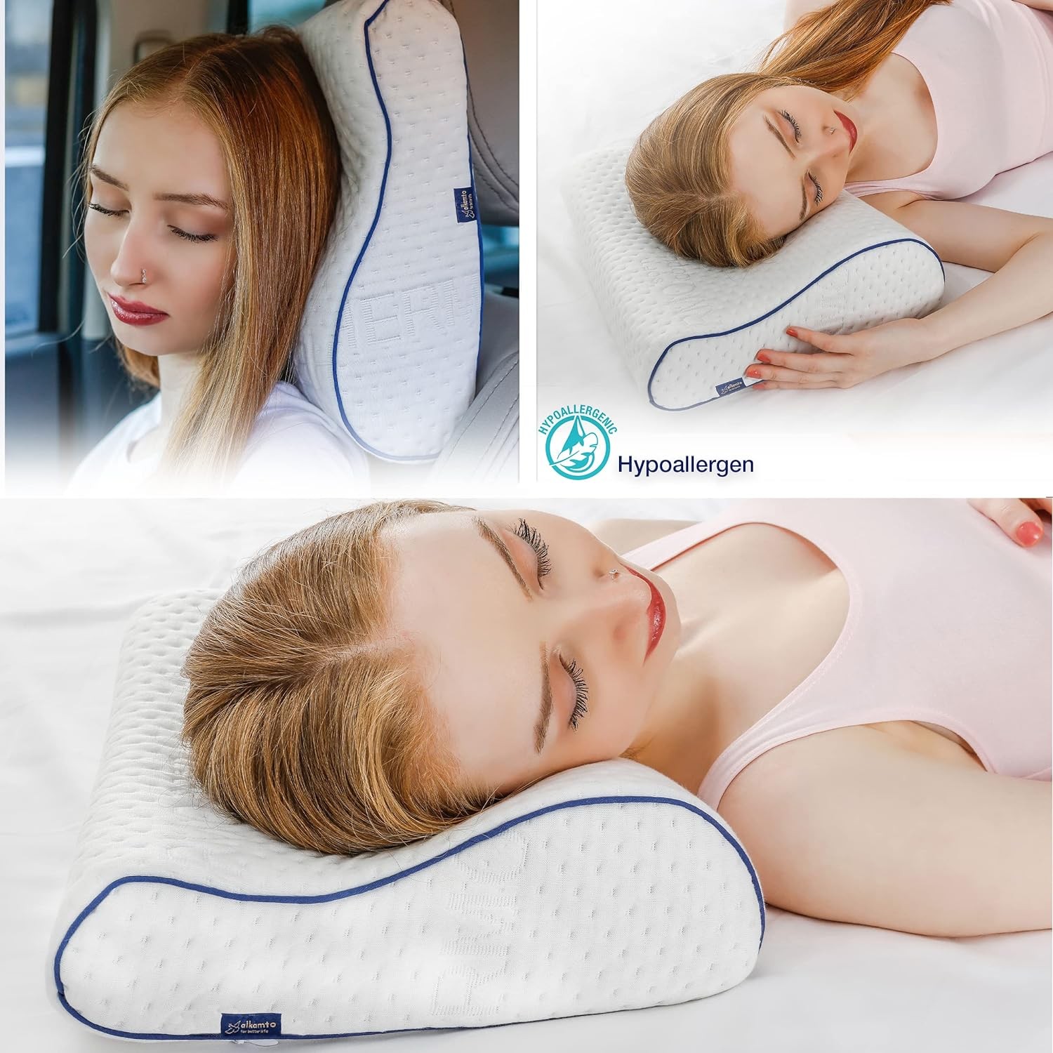 Alkamto Visco Hafızalı Ergonomik Boyun Destekli Seyahat Yastığı 40x25x10 cm, Pamuk Kılıf ve Taşıma Çantası Hediyeli
