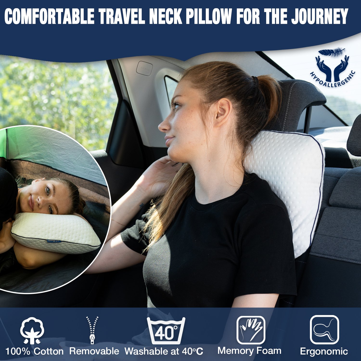 Alkamto Visco Hafızalı Ergonomik Boyun Destekli Seyahat Yastığı 40x25x10 cm, Taşıma Çantası Hediyeli