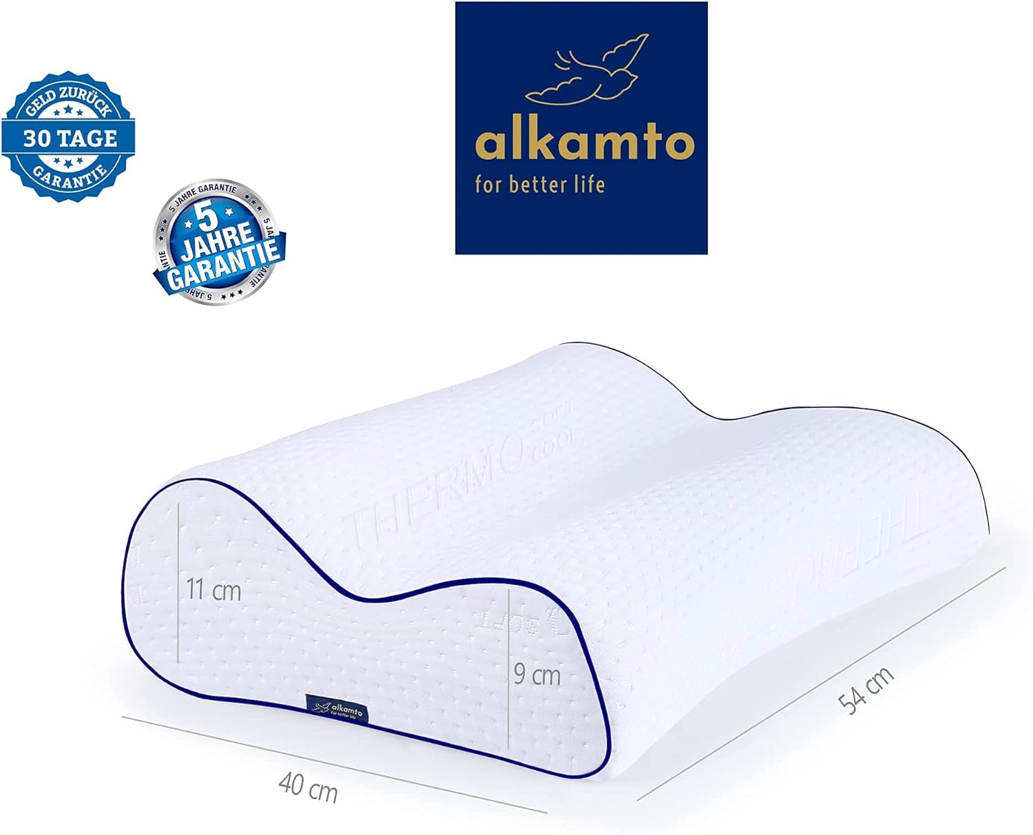 Alkamto Visco Hafızalı Termoregülasyonlu, Hipoalerjenik Yan Uyku, Sırt Üstü ve Yüz Üstü Uyuma Ortopedik Boyun Destek Yastığı 54x40x11/9 cm Pamuk Kılıf ve Taşıma Çantası Hediyeli