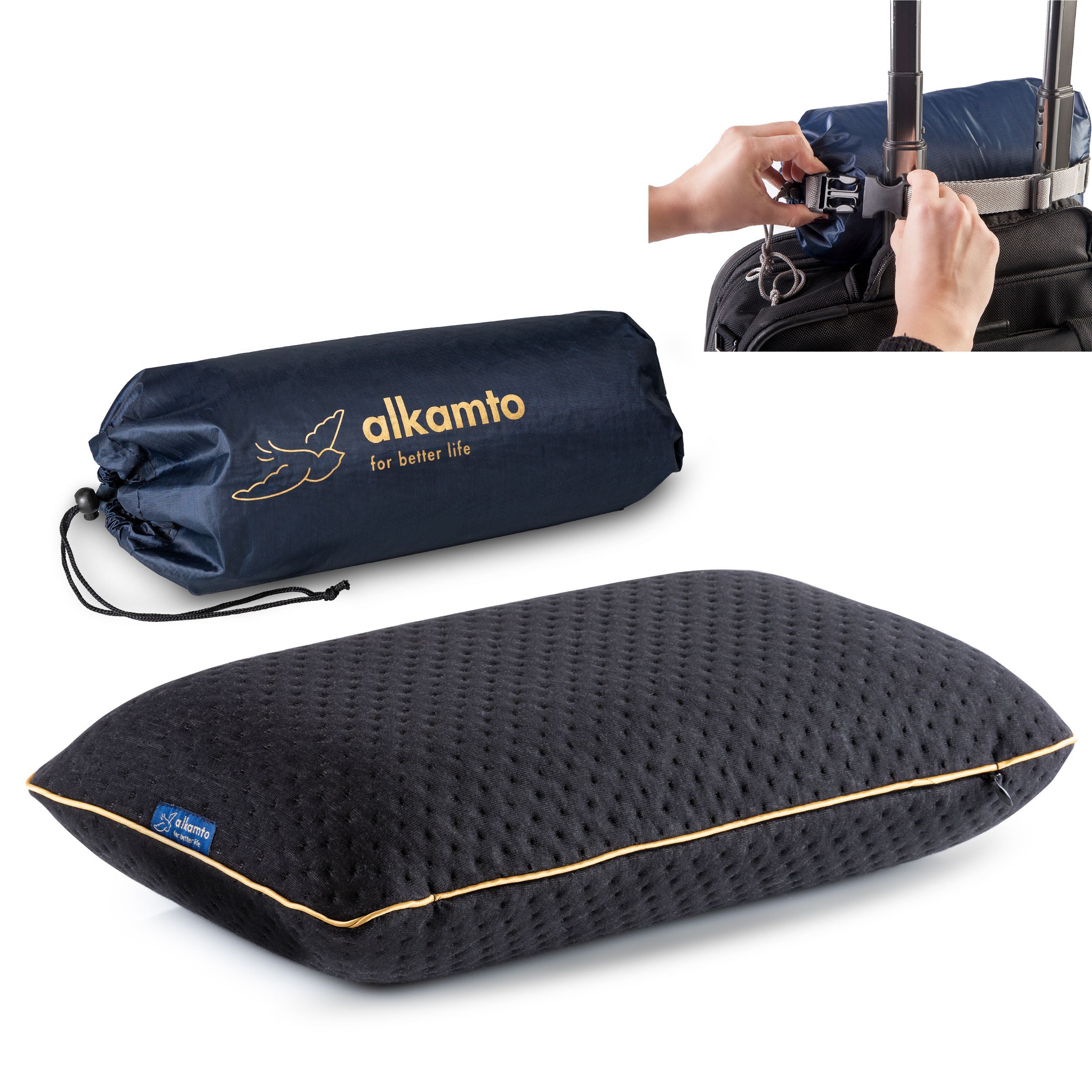 Alkamto Visco Hafızalı Ergonomik Boyun Destekli Seyahat Yastığı 40x25x10 cm, Taşıma Çantası Hediyeli - Siyah