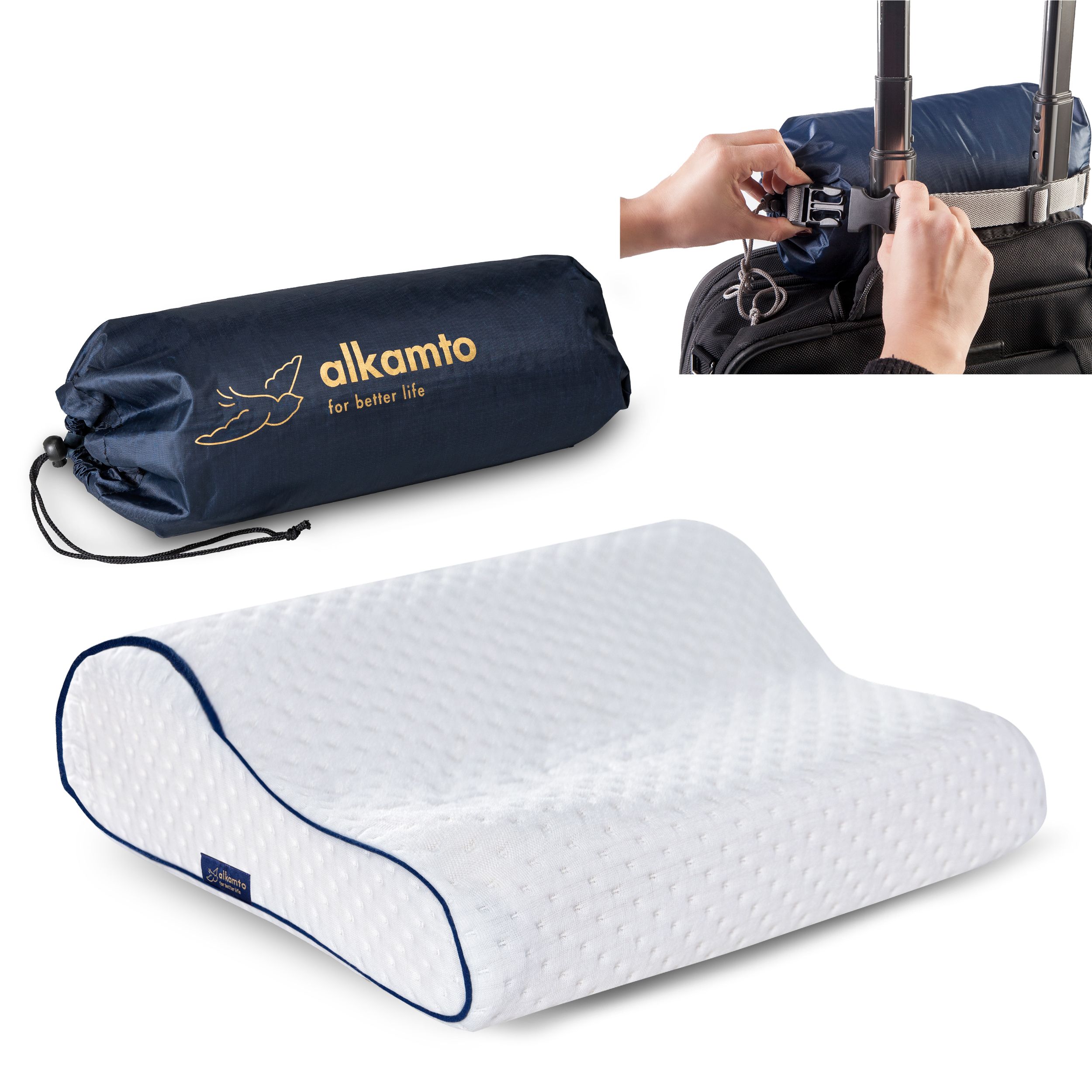 Alkamto Visco Hafızalı Ergonomik Boyun Destekli Seyahat Yastığı 35x30x10/8 cm, Taşıma Çantası Hediyeli